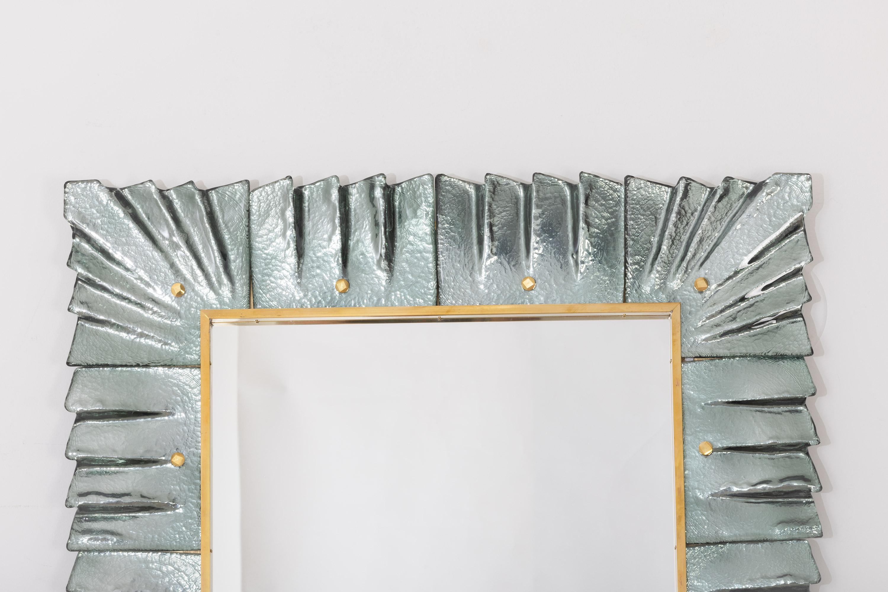 Mid-Century Modern Pair of Large Murano Sea Green Teal Glass and Brass Framed Mirror, in Stock For Sale