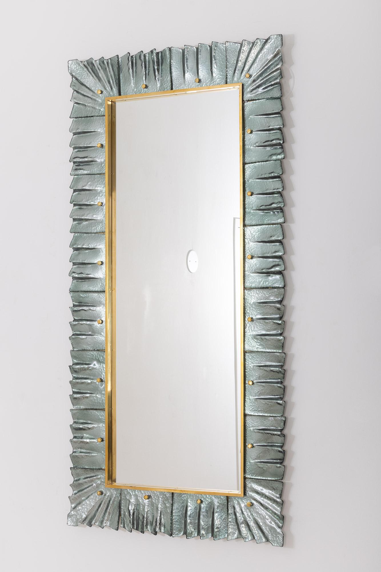 Contemporary Pair of Large Murano Sea Green Teal Glass and Brass Framed Mirror, in Stock For Sale