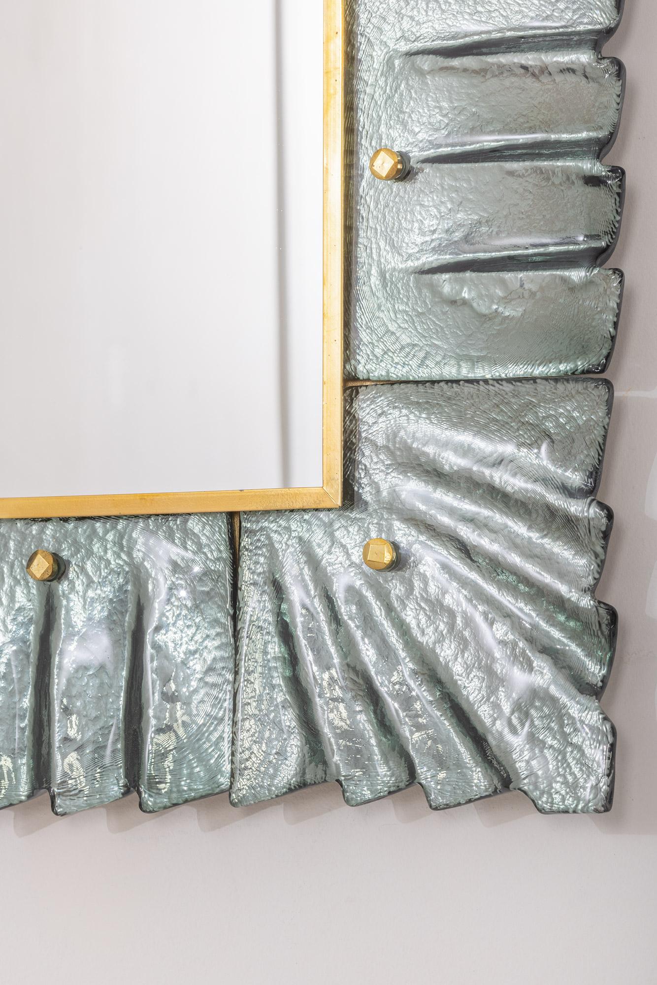 Pair of Large Murano Sea Green Teal Glass and Brass Framed Mirror, in Stock For Sale 1