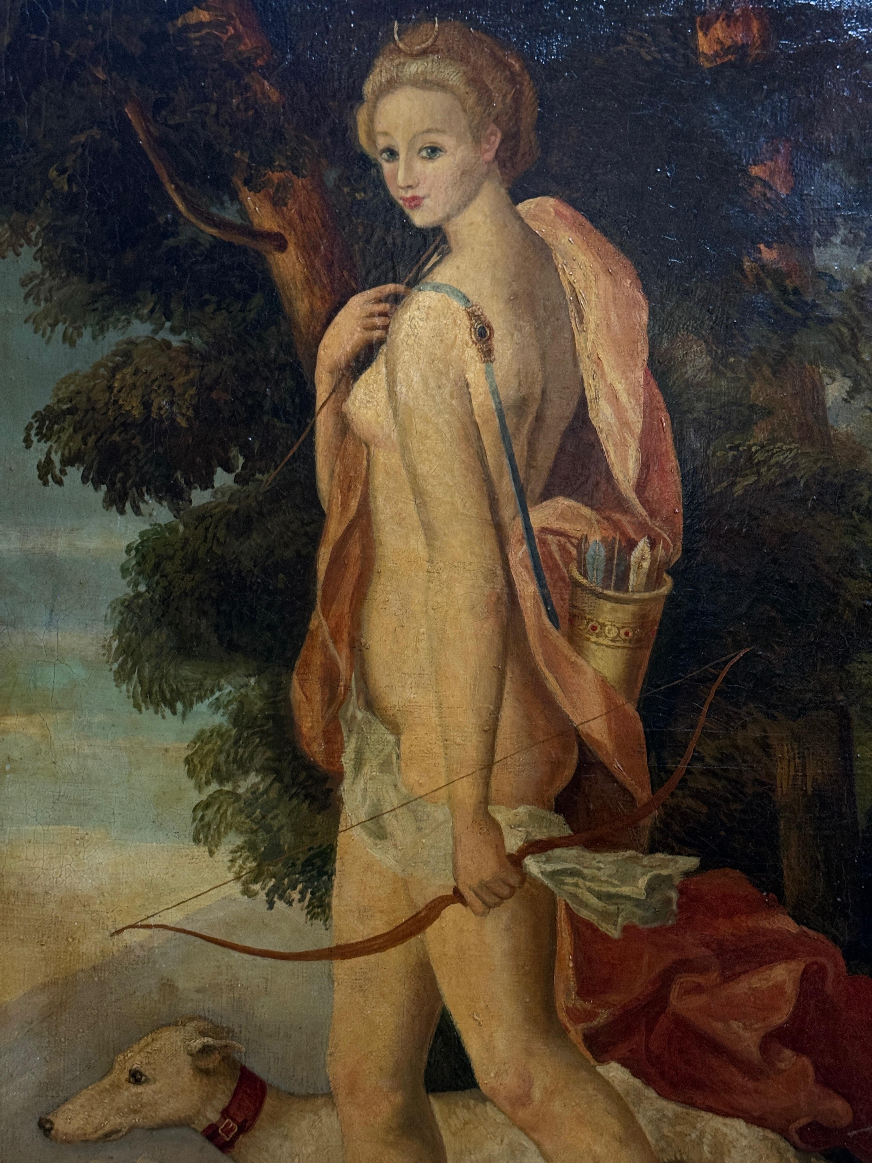 Ein Paar großer mythologischer Leinwände: Bacchus und Diana, Europäische Schule Frankreich (Geölt) im Angebot