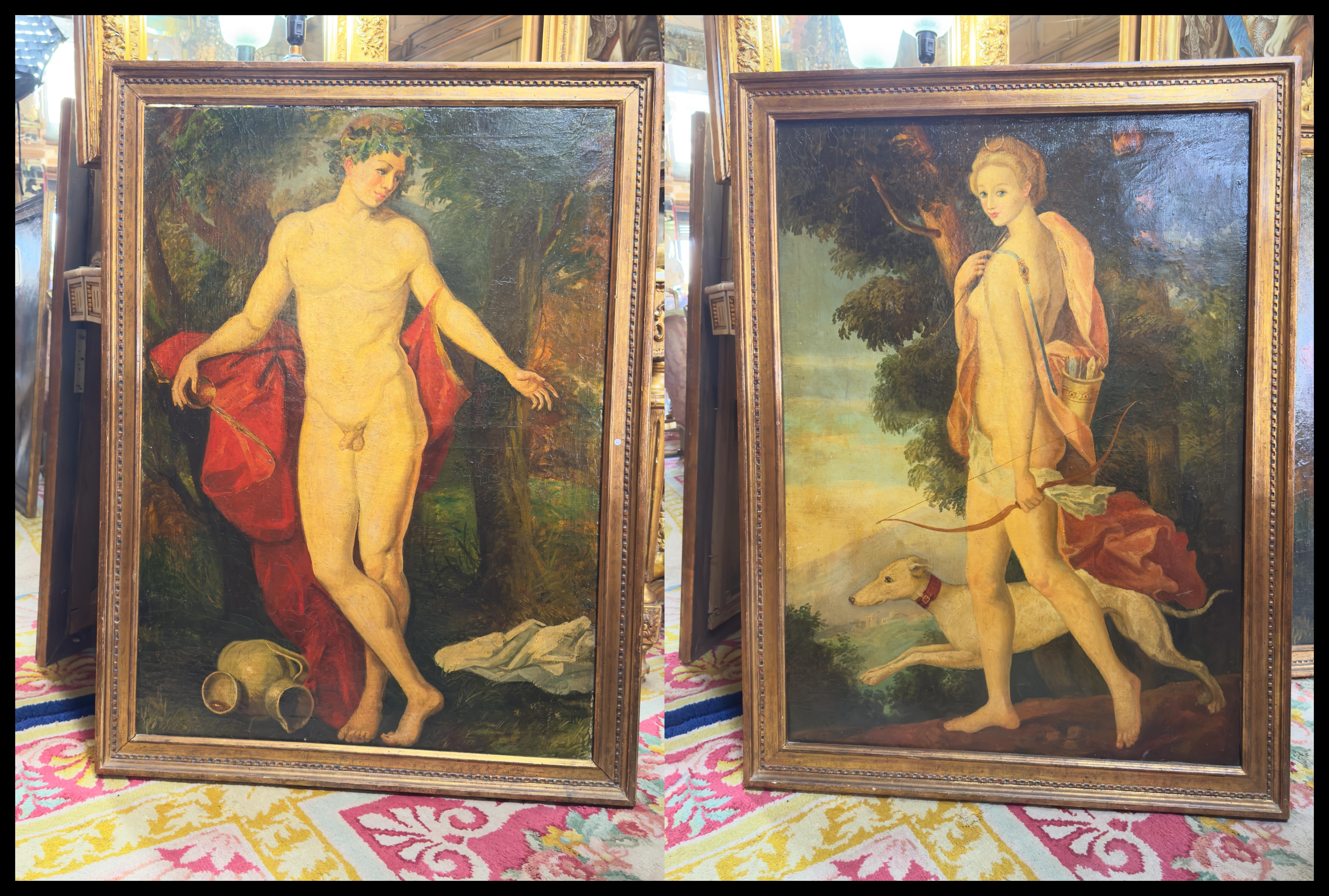 Ein Paar großer mythologischer Leinwände: Bacchus und Diana, Europäische Schule Frankreich im Zustand „Gut“ im Angebot in Madrid, ES