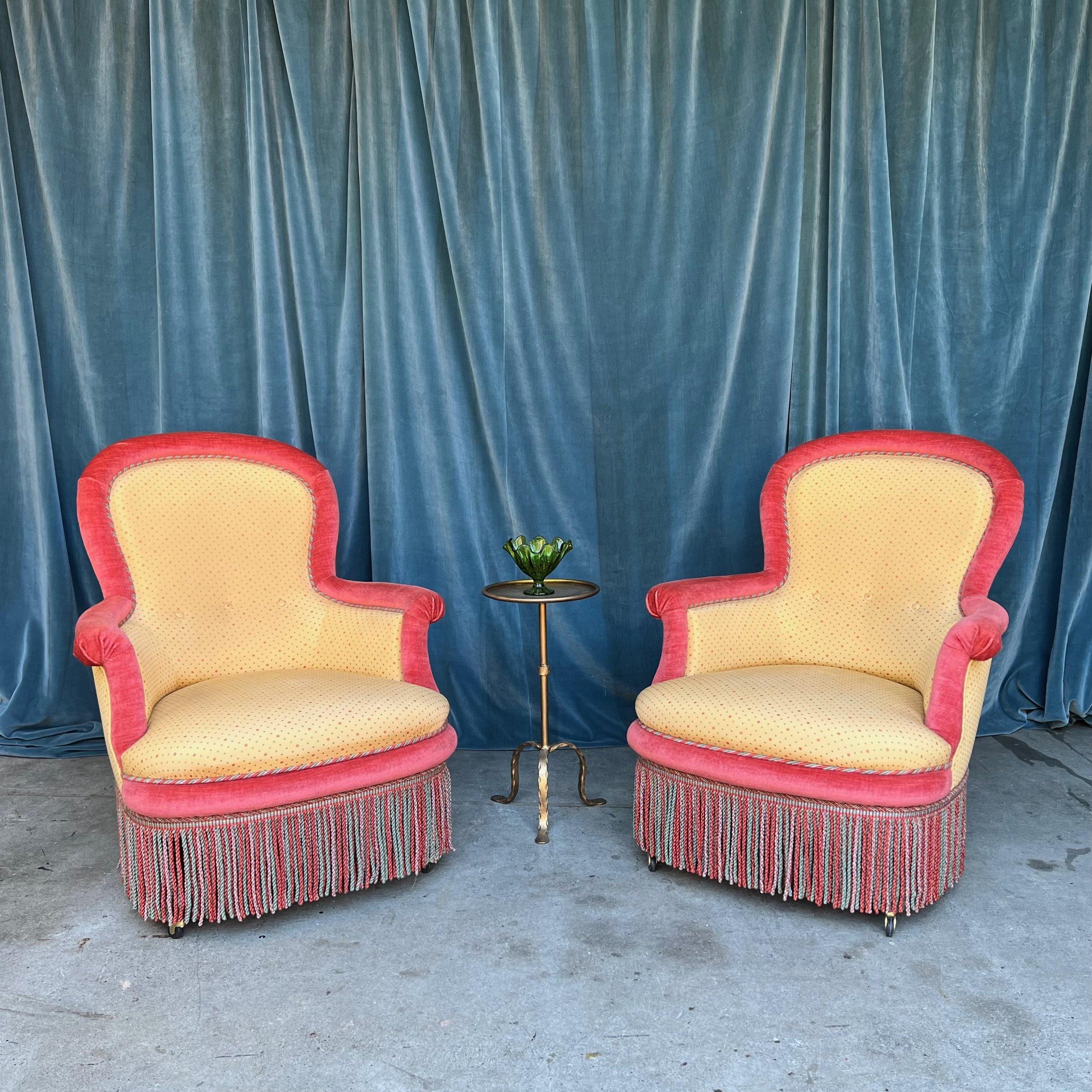 French Pair of Large Napoleon III Armchairs in Gold and Red For Sale