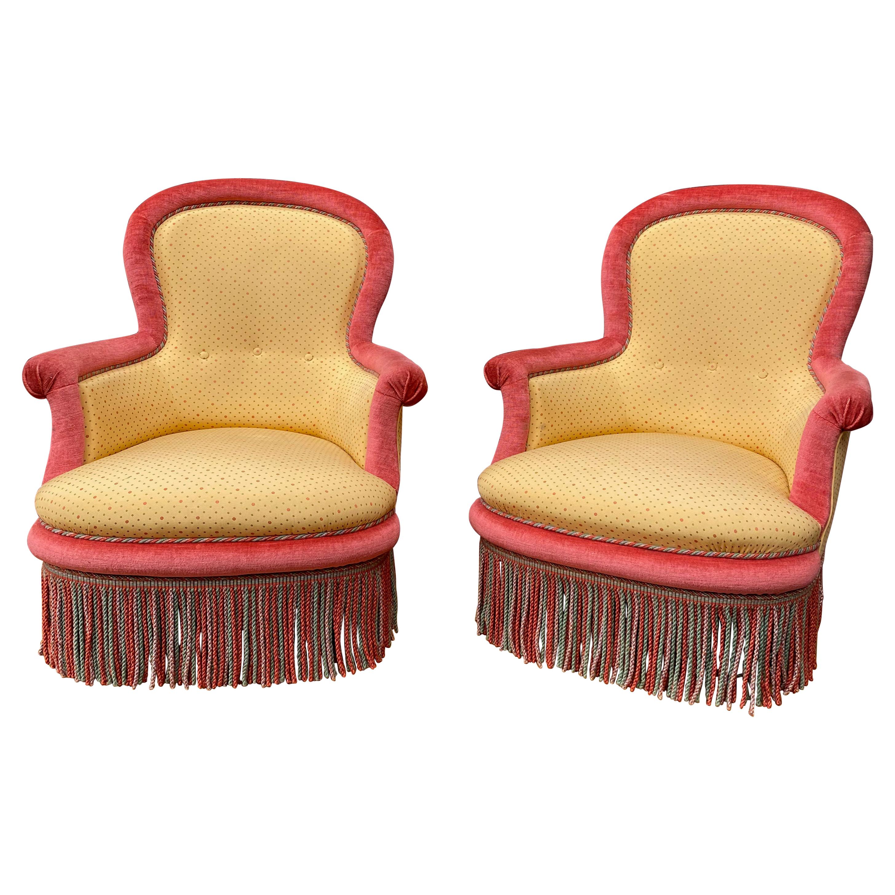 Pair of Large Napoleon III Armchairs in Gold and Red