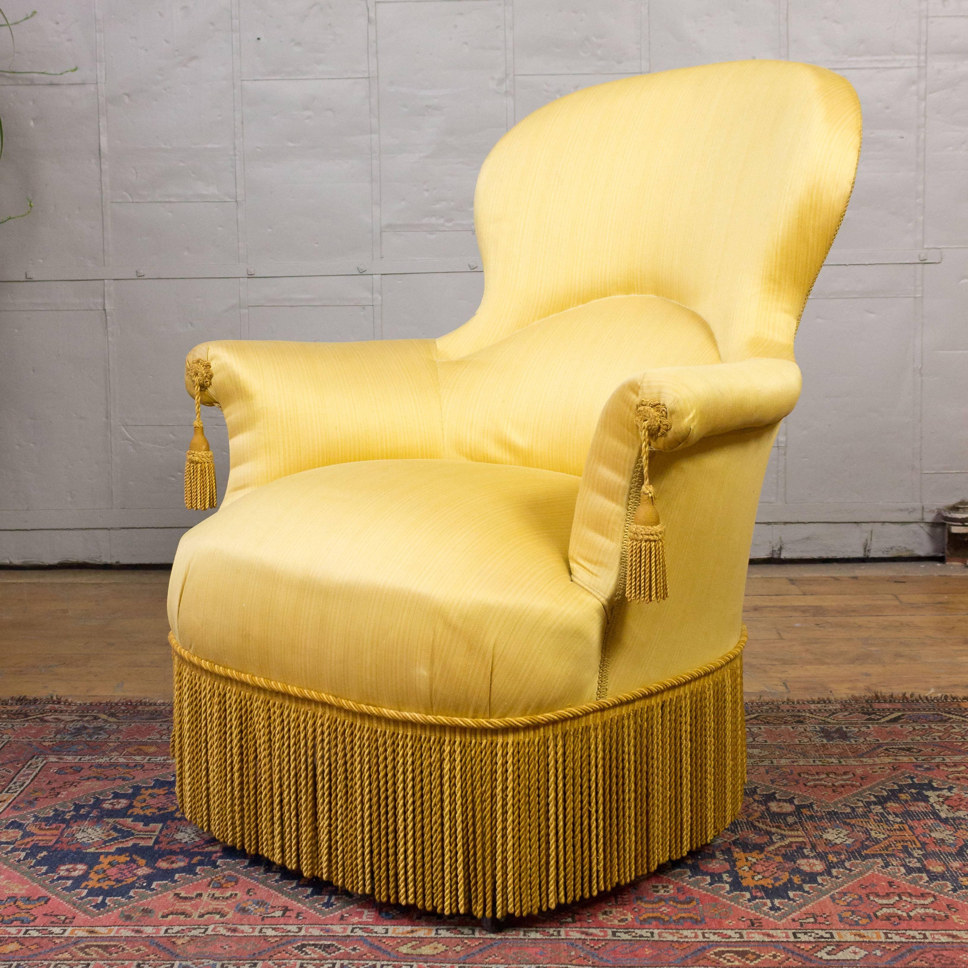 French Pair of Large Napoleon III Armchairs in Yellow Fabric