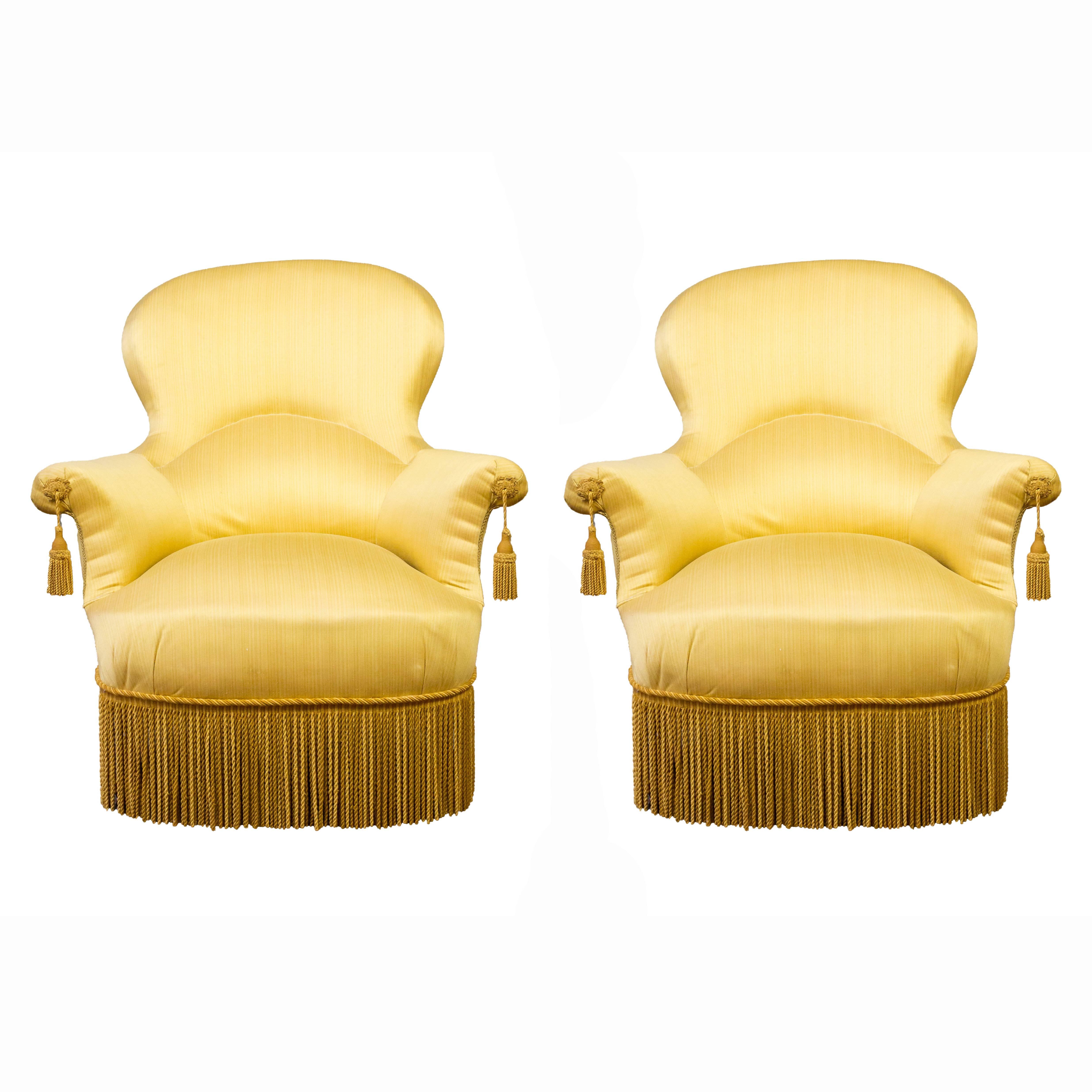 Pair of Large Napoleon III Armchairs in Yellow Fabric