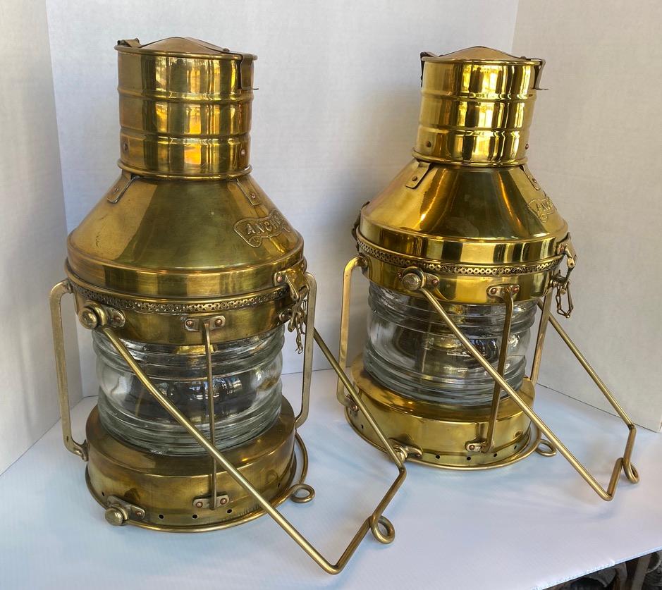 American Pair of Large Nautical Antique Brass Anchor Lanterns