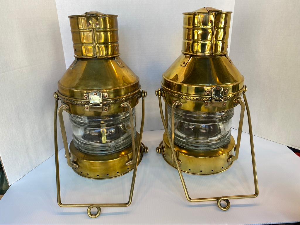 20th Century Pair of Large Nautical Antique Brass Anchor Lanterns