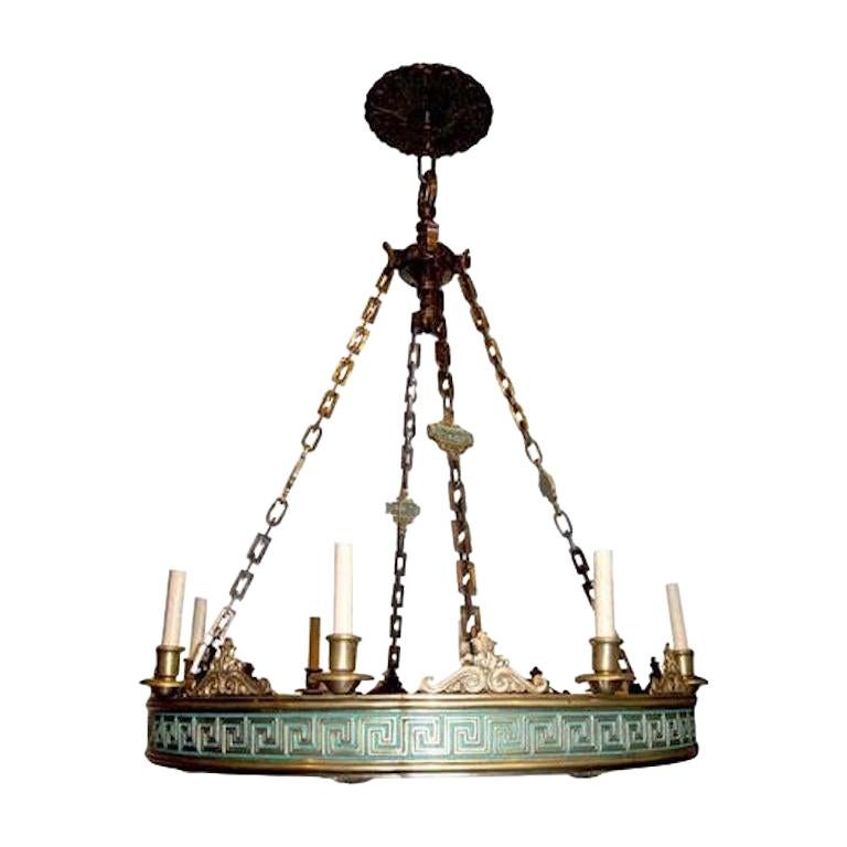 Pair of Large Neoclassic Bronze Chandeliers, Sold Individually For Sale
