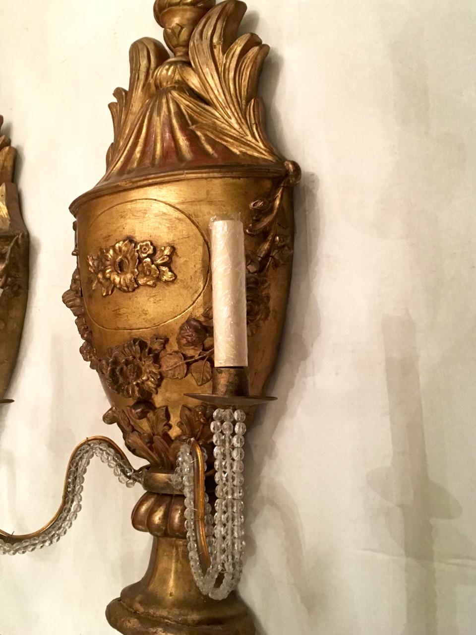 French Pair of Large Neoclassic Gilt Wood Sconces