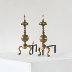 Pair of Large Neoclassical Andirons in Patinated Brass