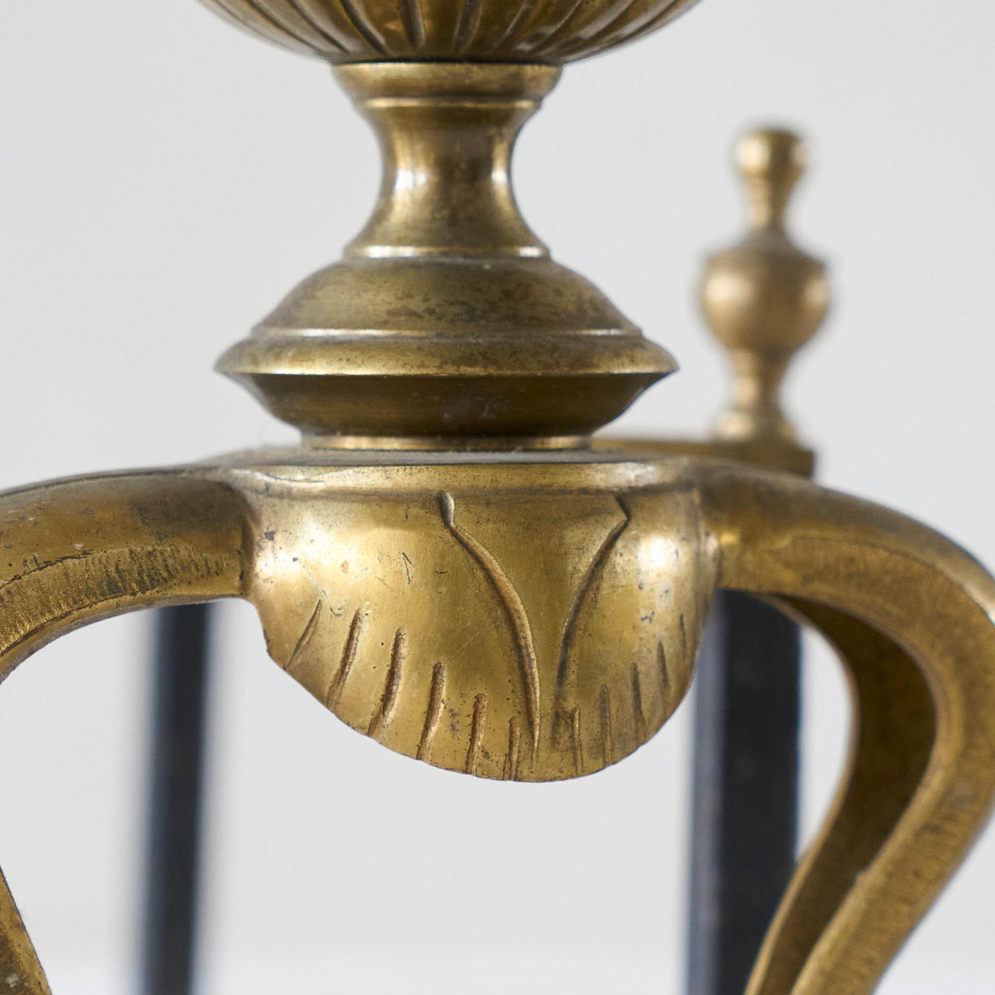 European Pair of Large Neoclassical Andirons in Patinated Brass For Sale