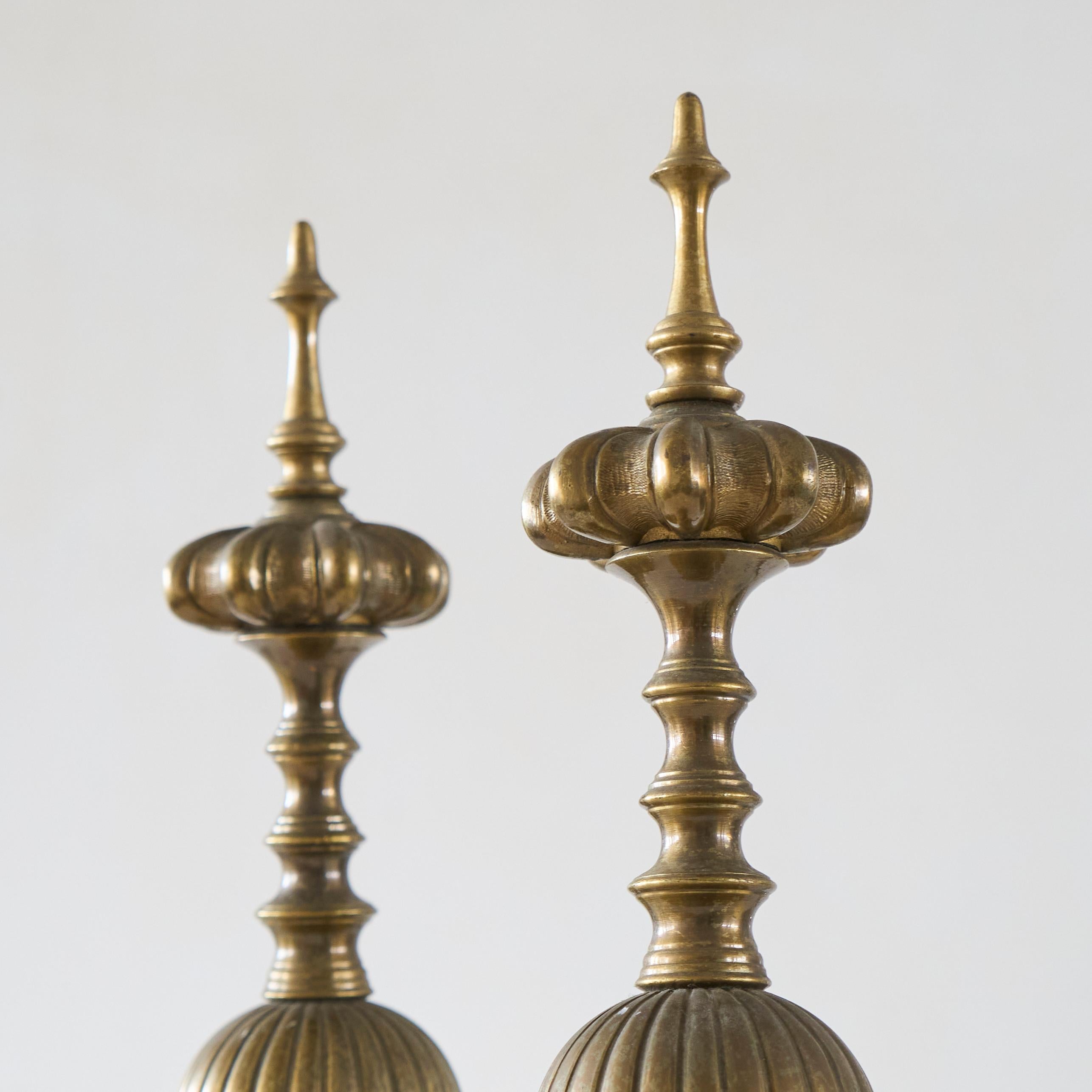 19th Century Pair of Large Neoclassical Andirons in Patinated Brass For Sale
