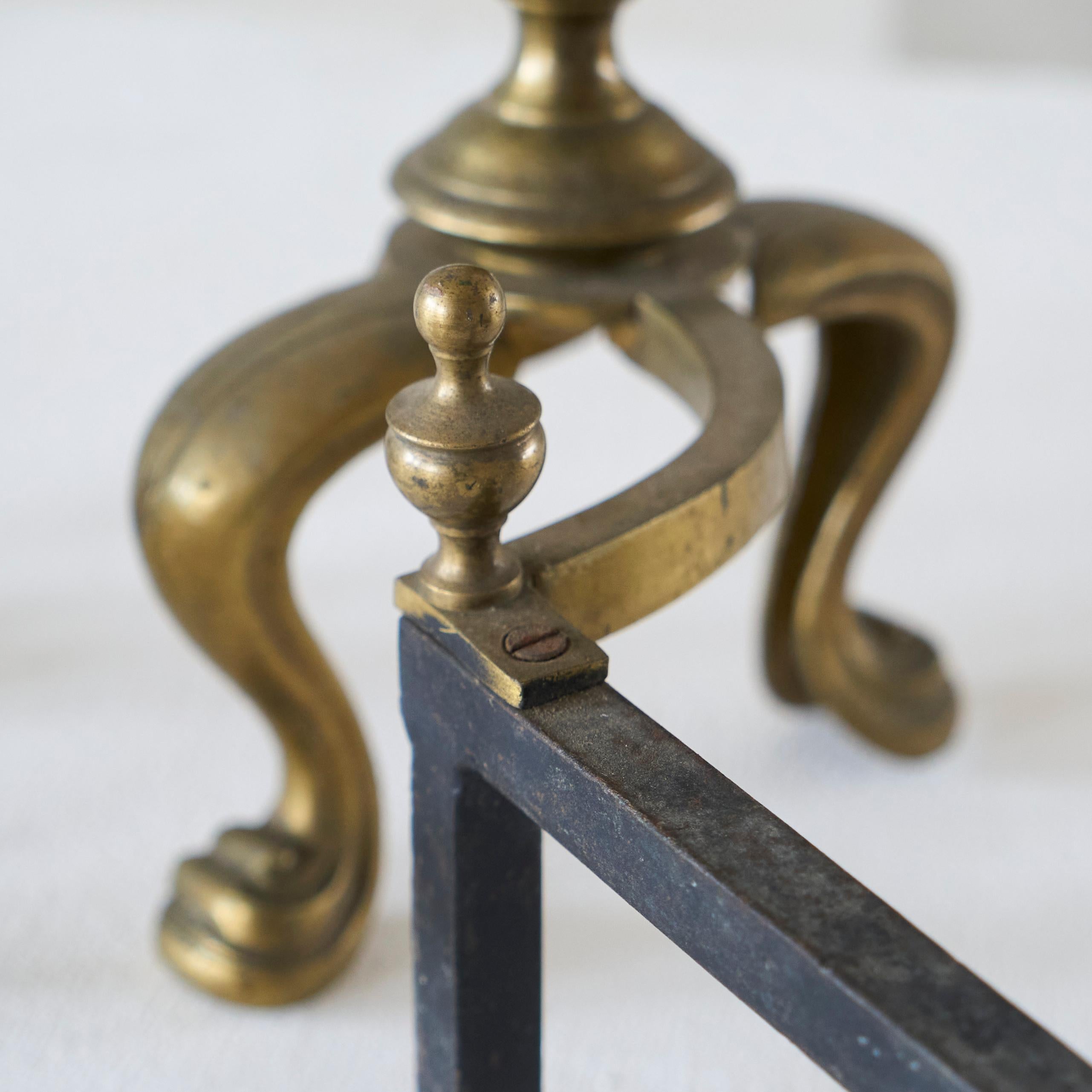 Pair of Large Neoclassical Andirons in Patinated Brass For Sale 2