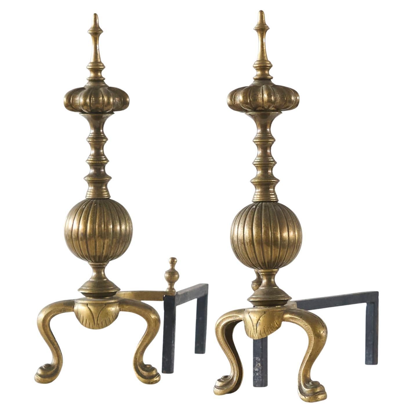 Pair of Large Neoclassical Andirons in Patinated Brass