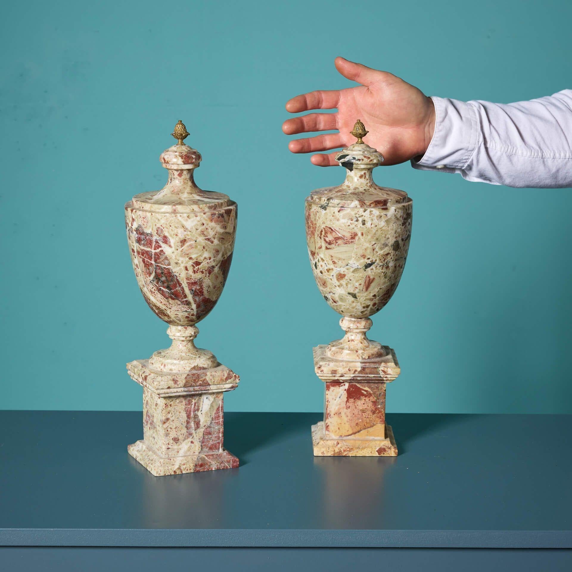 A pair of large antique neoclassical breccia marble finials.

Dating to the early 20th century, these elegant French finials are spectacular display pieces for period and contemporary style interiors alike.

The terminating gilt pineapples sit to