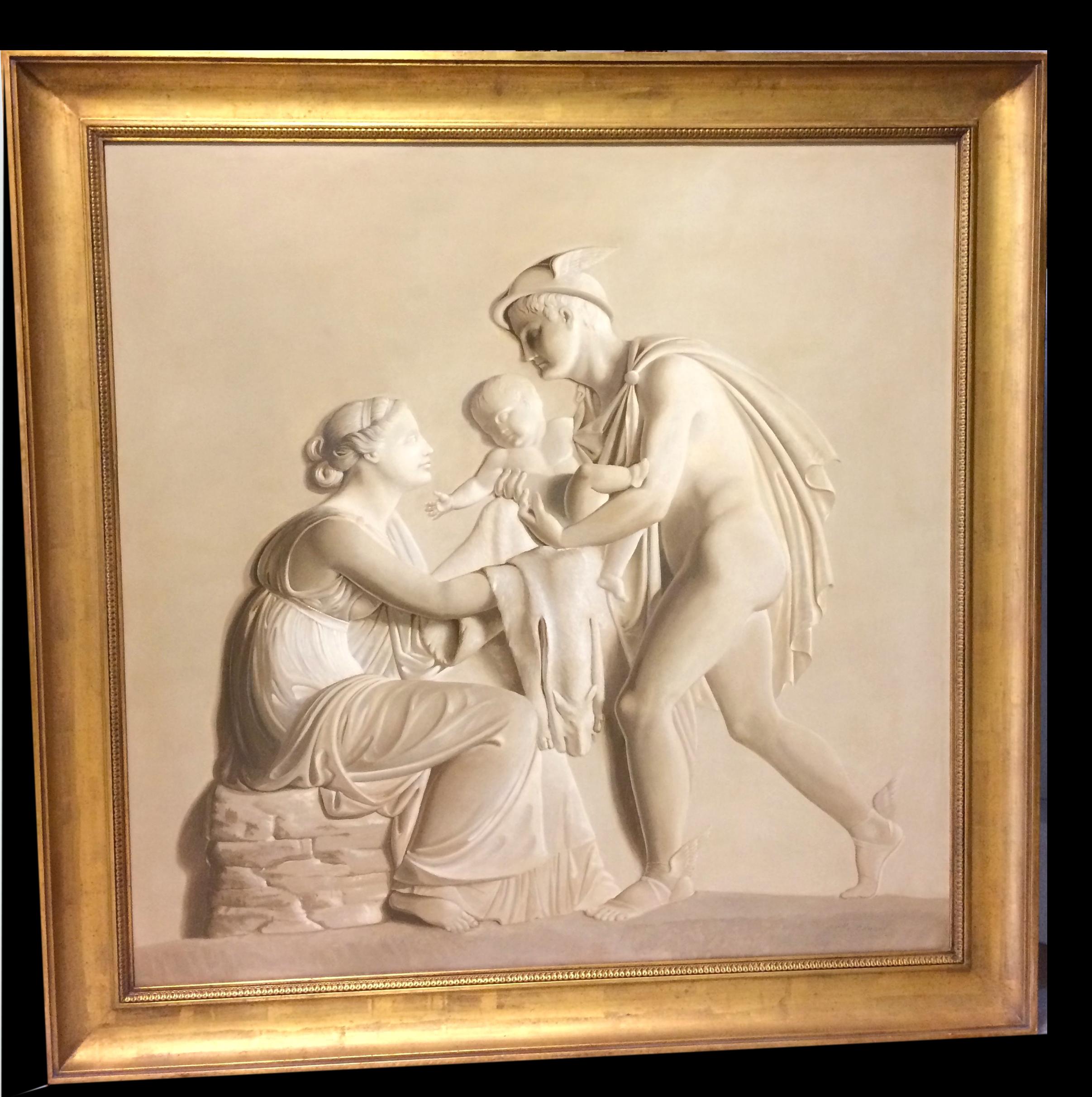 Early 20th century Italian Grisaille paintings, oil on wood after a famous Thorvaldsen reliefs.
Mythological scene with a finely carved and gilt- wood frame.
- Cupid complains to Venus about a bee sting.
- Mercury Brings Bacchus to