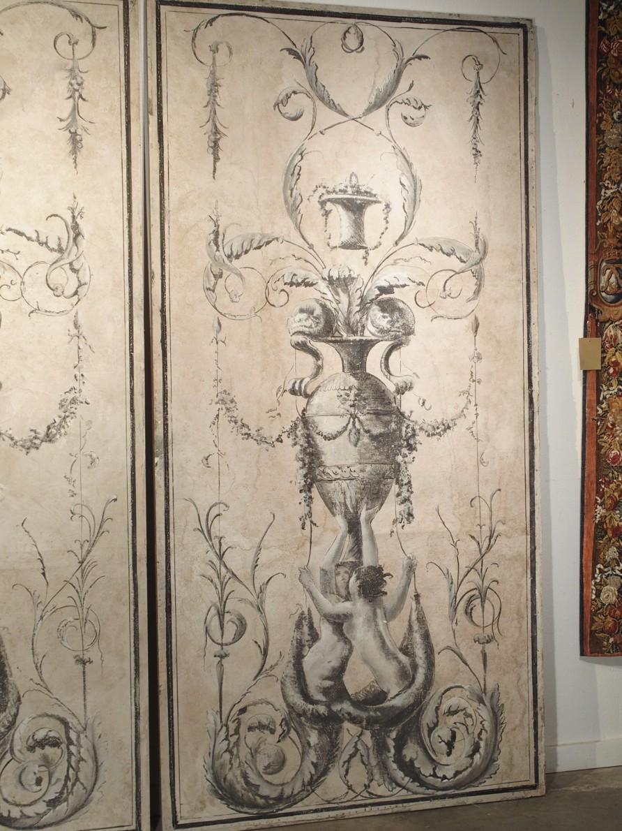 Hand-Painted Pair of Large Neoclassical Grisaille Paintings from Siena, Italy, circa 1810