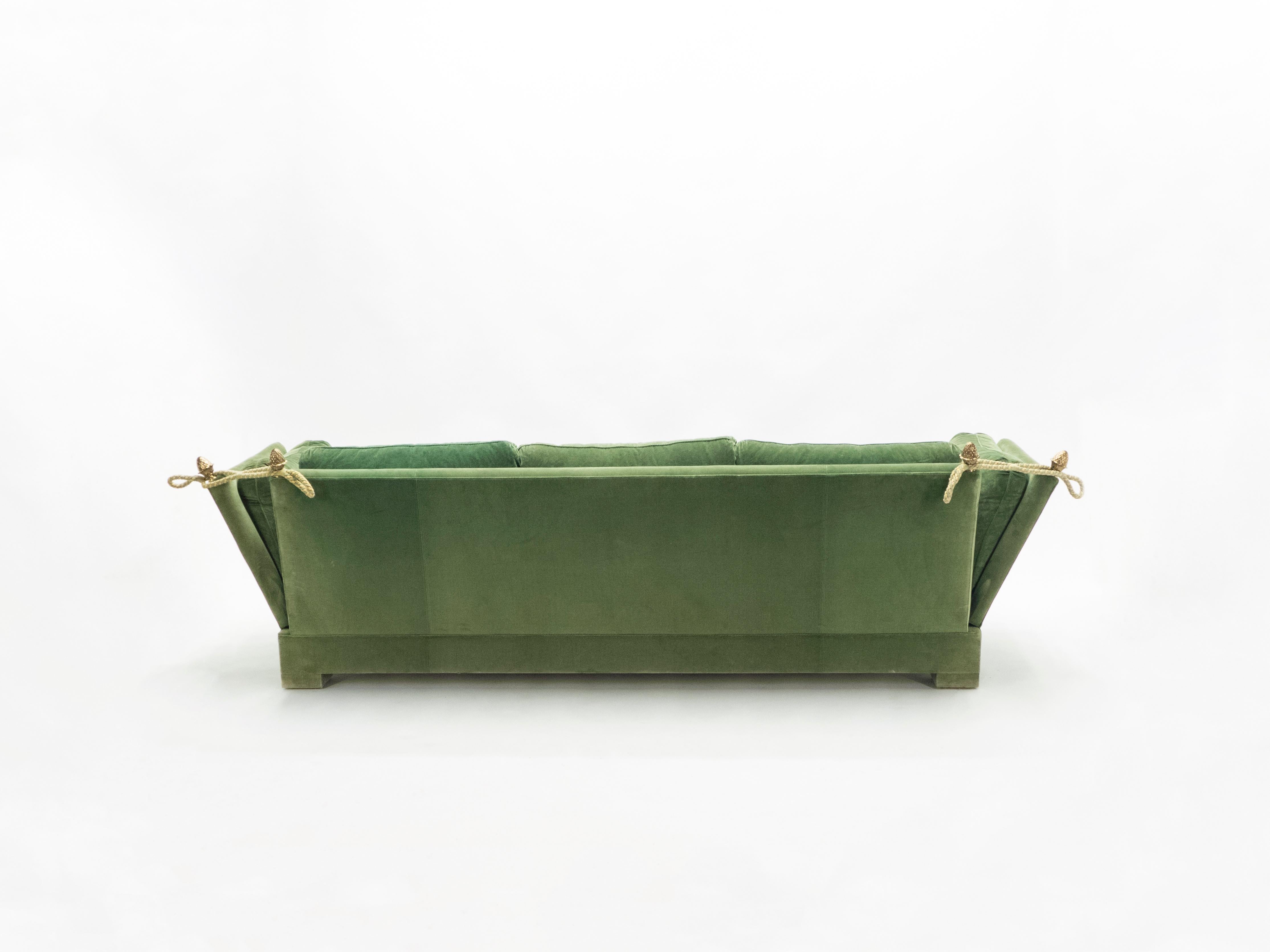 Brass Pair of Large Neoclassical Maison Jansen Sofas Original Green Velvet, 1970s