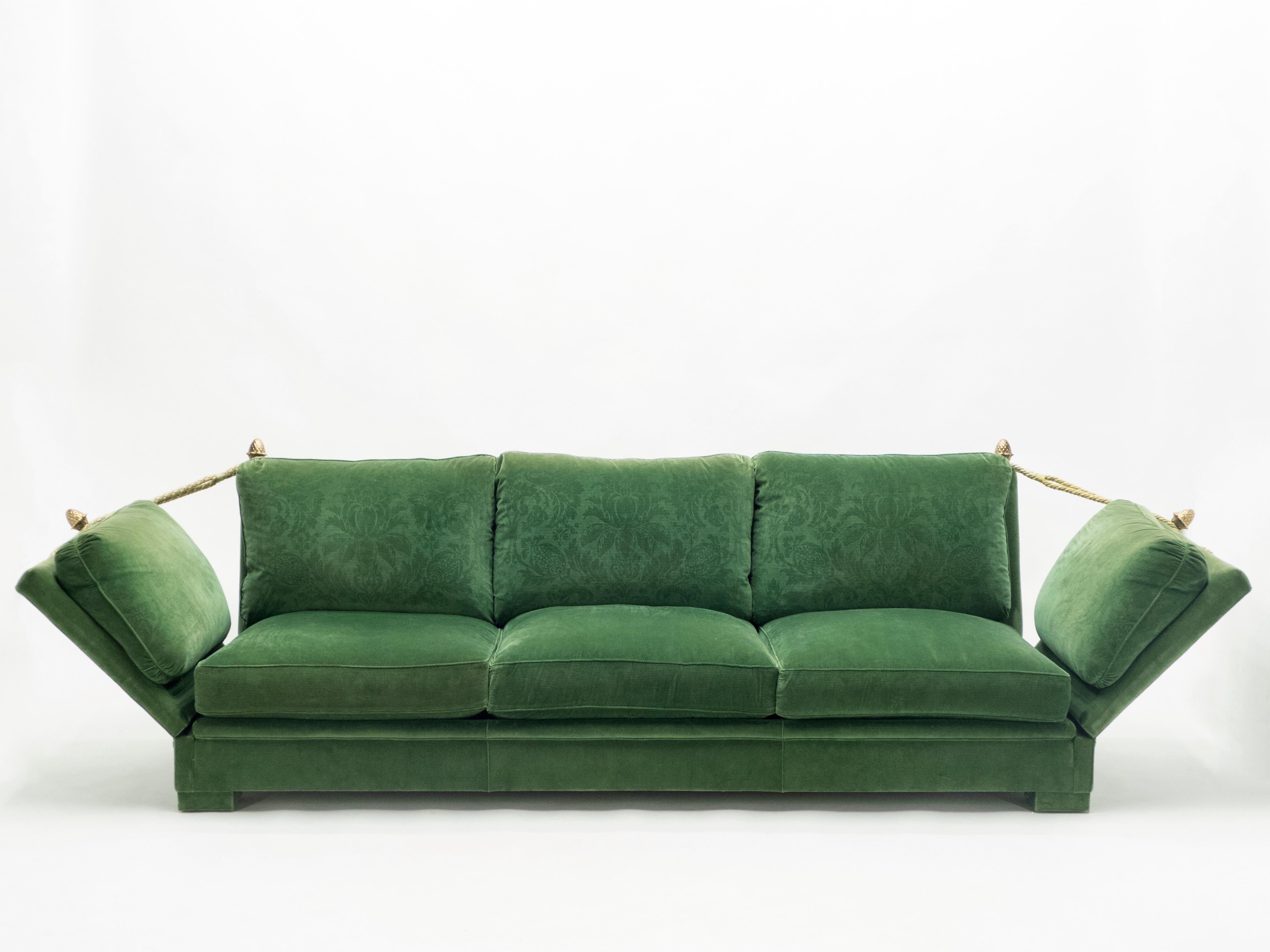 Mid-Century Modern Pair of Large Neoclassical Maison Jansen Sofas Original Green Velvet, 1970s