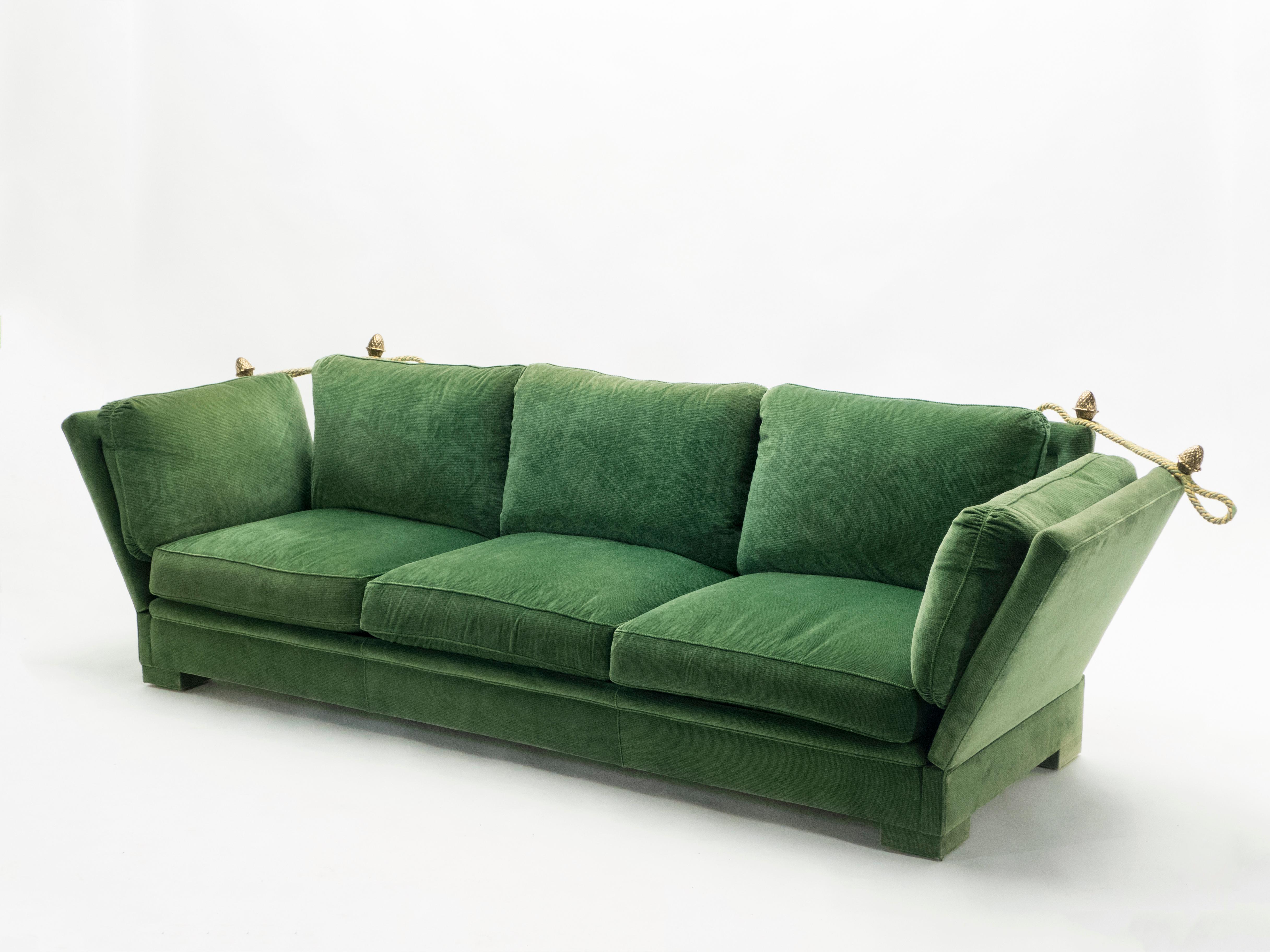 French Pair of Large Neoclassical Maison Jansen Sofas Original Green Velvet, 1970s