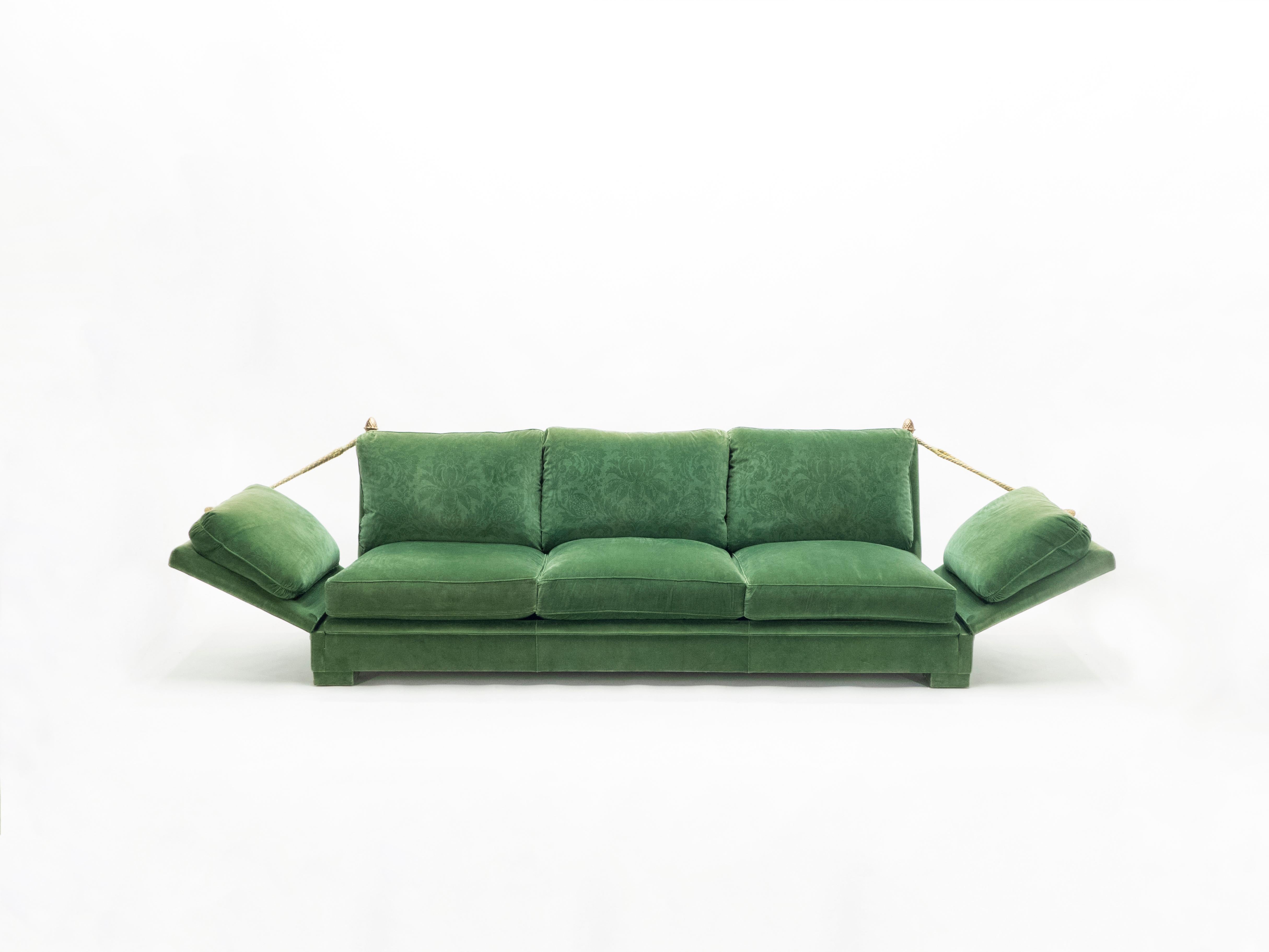 Pair of Large Neoclassical Maison Jansen Sofas Original Green Velvet, 1970s In Good Condition In Paris, IDF