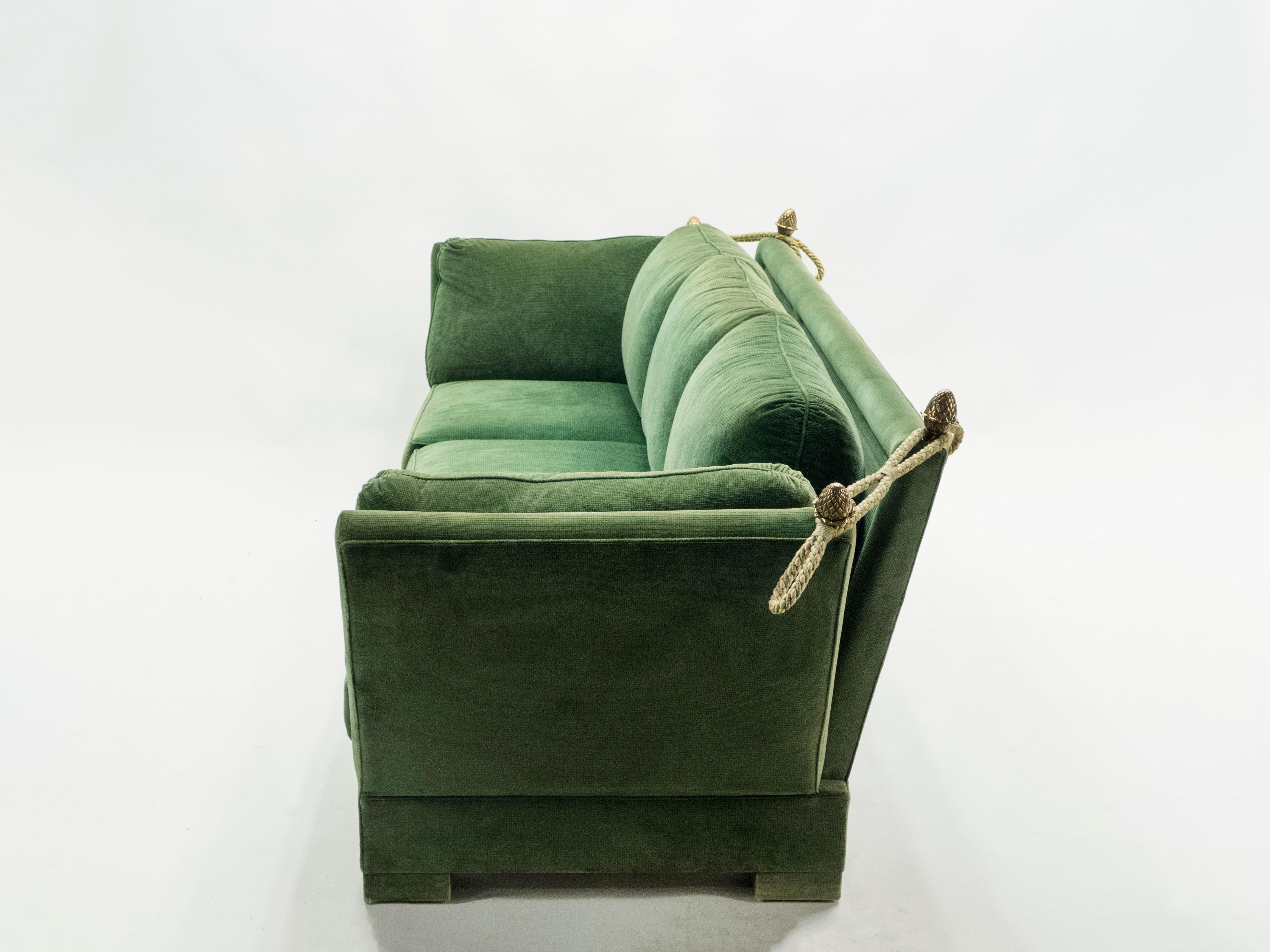 Late 20th Century Pair of Large Neoclassical Maison Jansen Sofas Original Green Velvet, 1970s