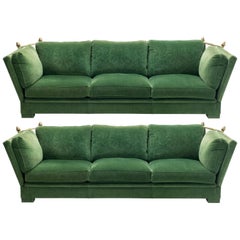 Pair of Large Neoclassical Maison Jansen Sofas Original Green Velvet, 1970s