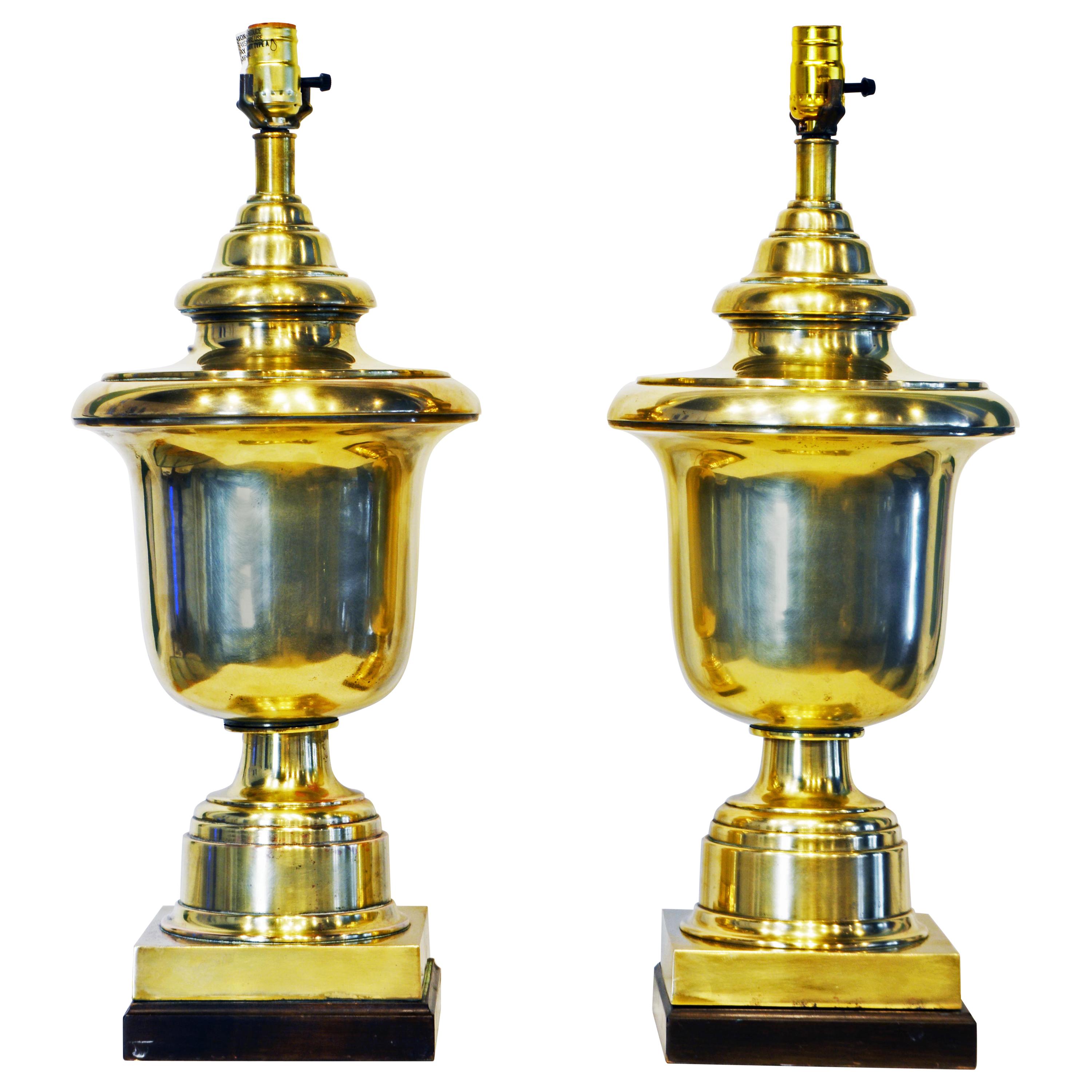 Pair of Large Neoclassical Solid Brass Urn Table Lamps by Frederick Cooper Co