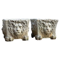 Vintage Pair of Large Neoclassical Stone Planters with Lions Faces