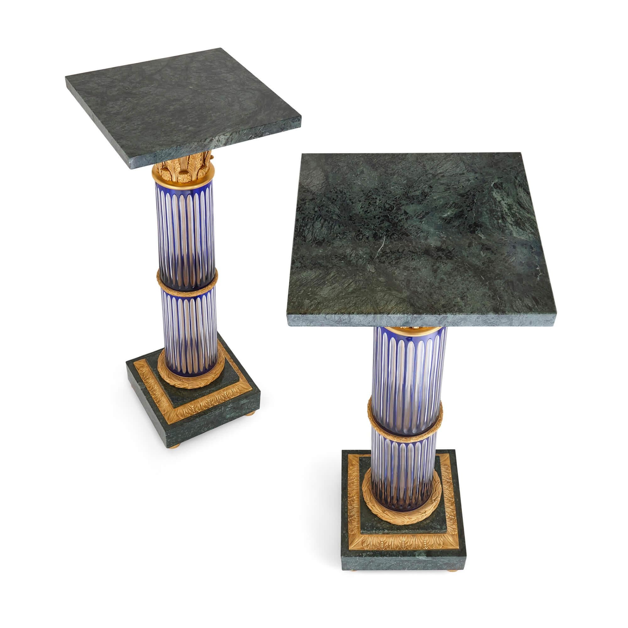 20th Century Pair of Large Neoclassical Style Glass, Marble and Ormolu Pedestals For Sale