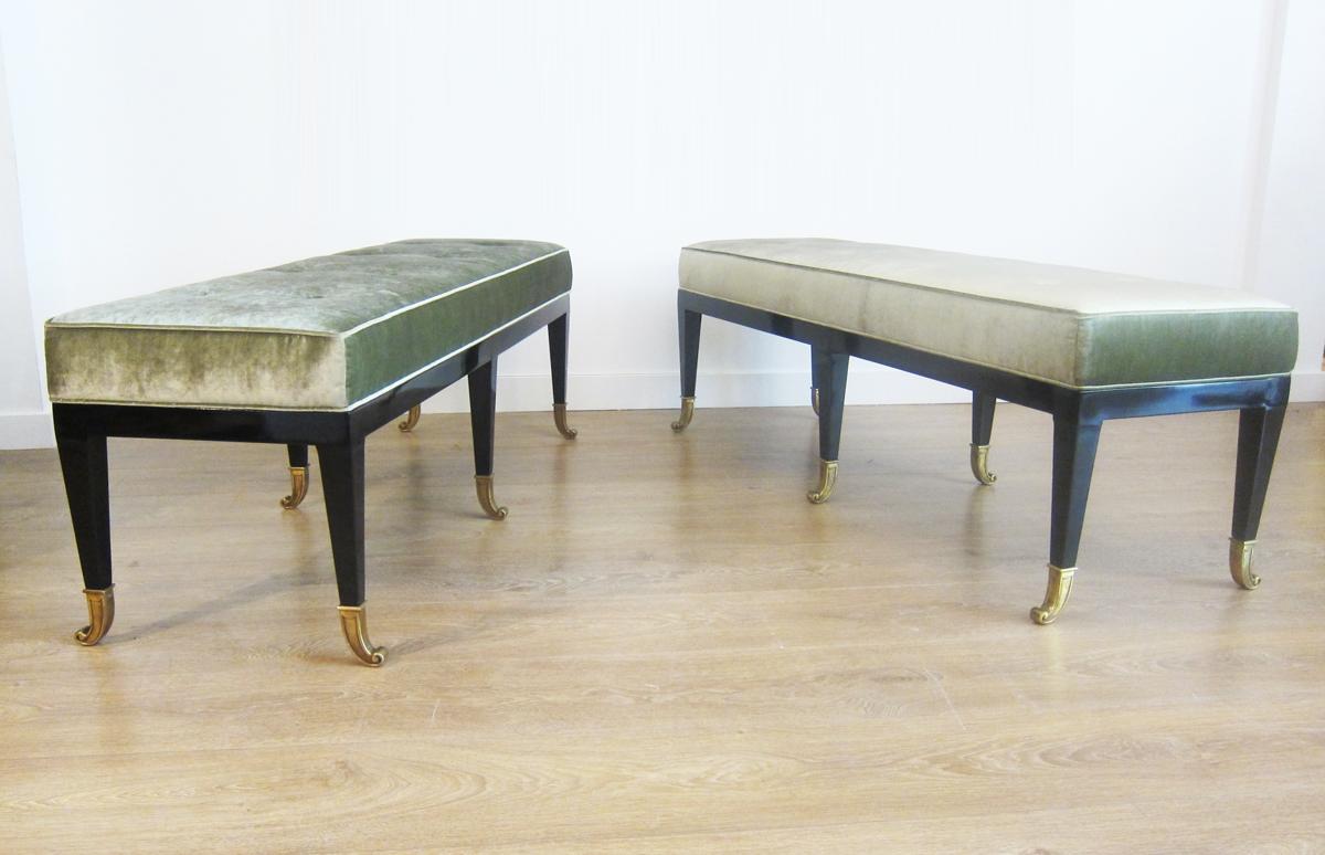 Wood Pair of Large Neoclassical Style Upholstered Benches