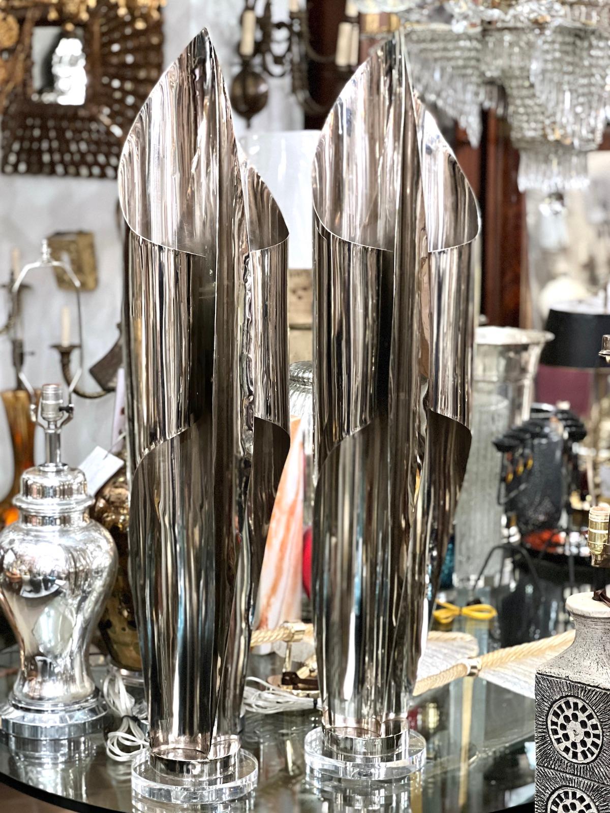 Pair of Large Nickel Plated Sculptural Lamps For Sale 2