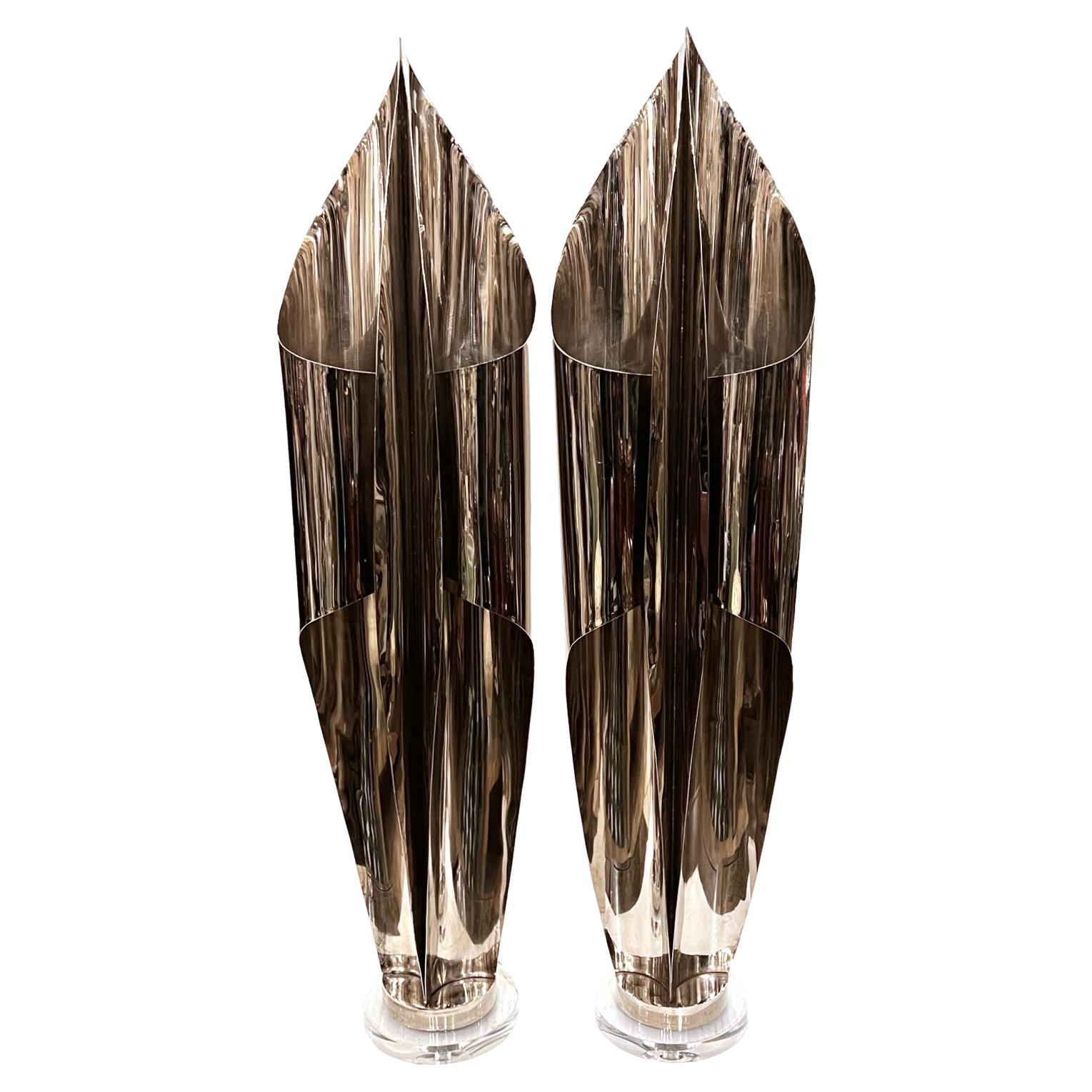 Pair of Large Nickel Plated Sculptural Lamps