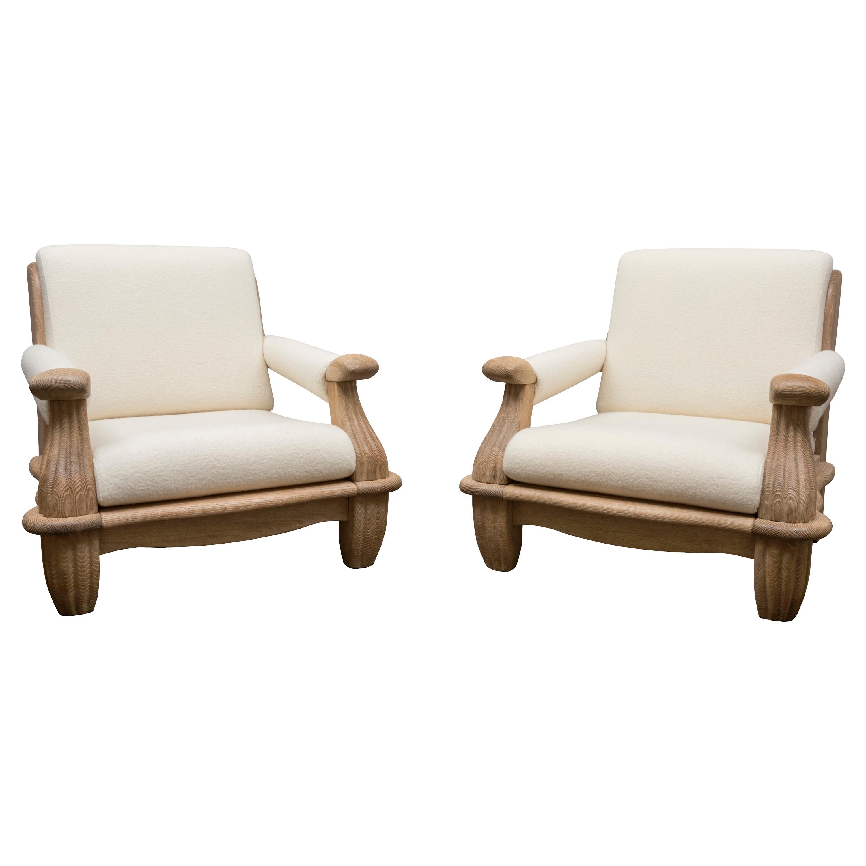 Pair of Large Oak Lounge Chairs, France, circa 1950