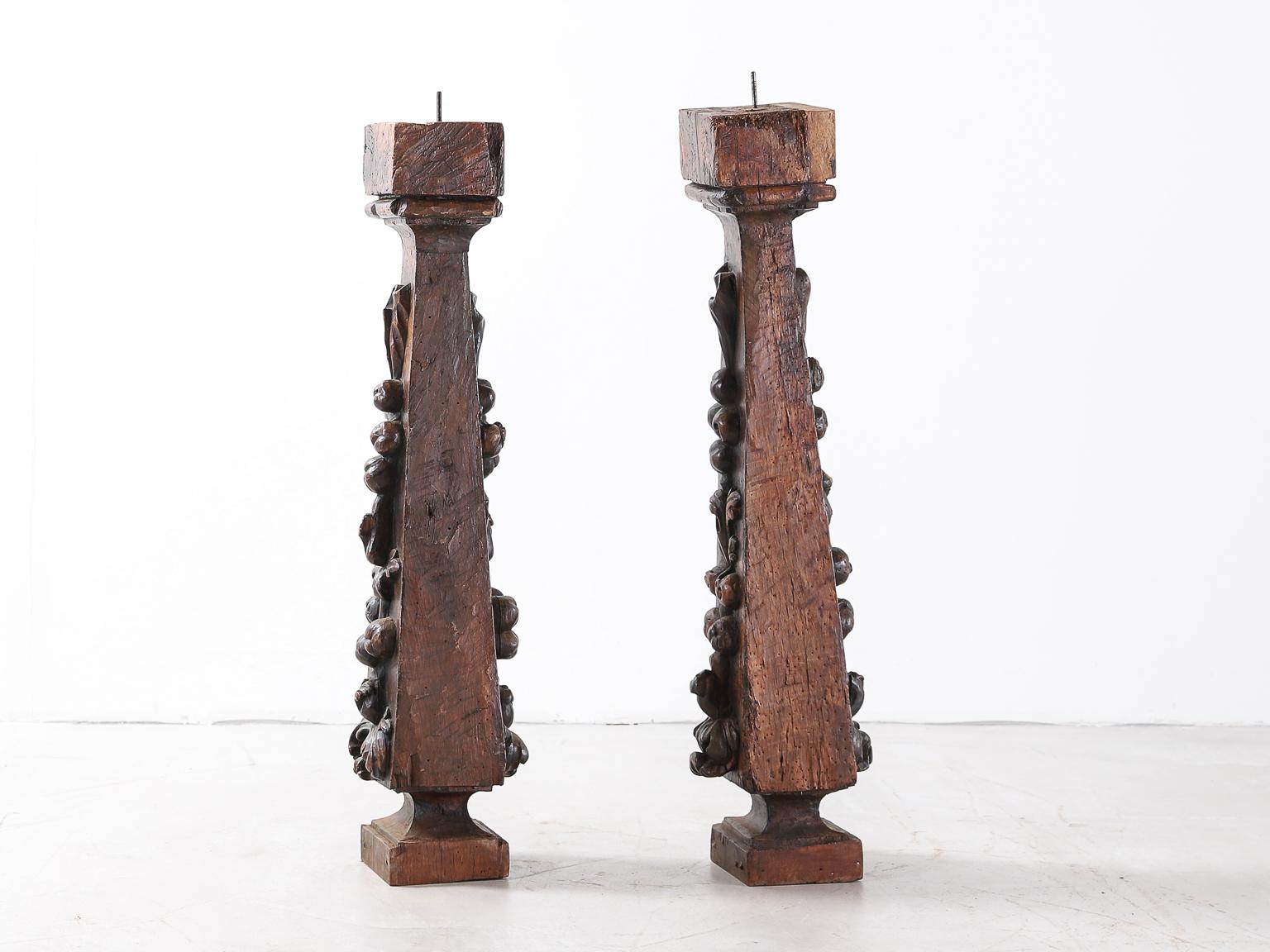 Hand-Carved Pair of Large Oak Renaissance Candlesticks For Sale