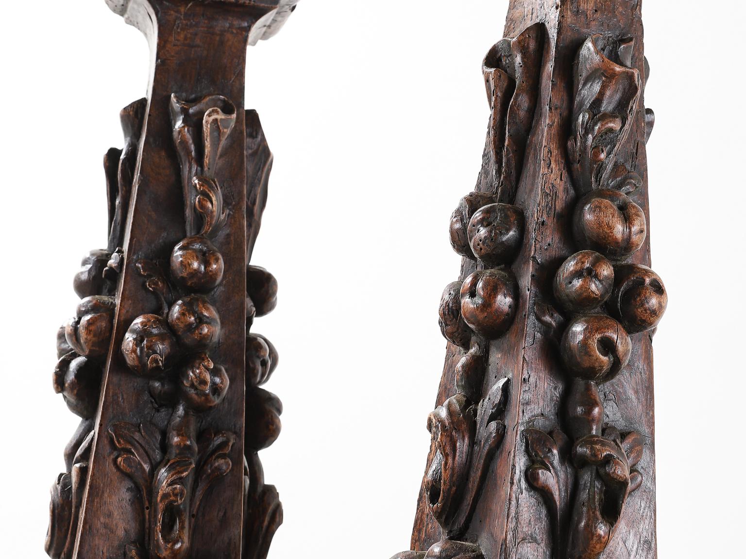 18th Century and Earlier Pair of Large Oak Renaissance Candlesticks For Sale