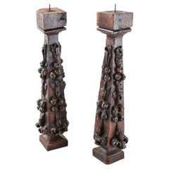 Antique Pair of Large Oak Renaissance Candlesticks