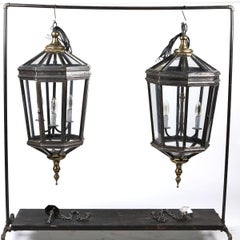 Pair of Large Octagonal English Manor Hall Lanterns in Wrought Iron and Brass