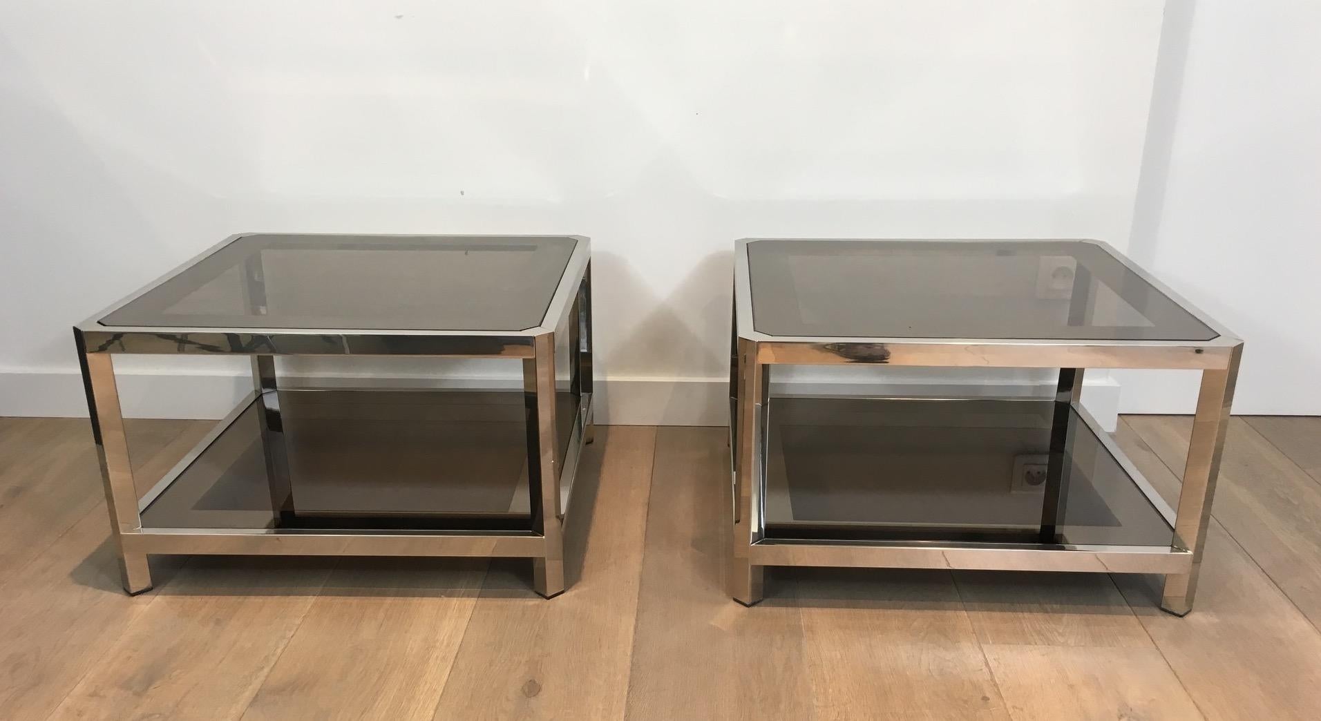 Pair of Large Octogonal Chromed Side Tables with Bronze Glass Tops, circa 1970 4
