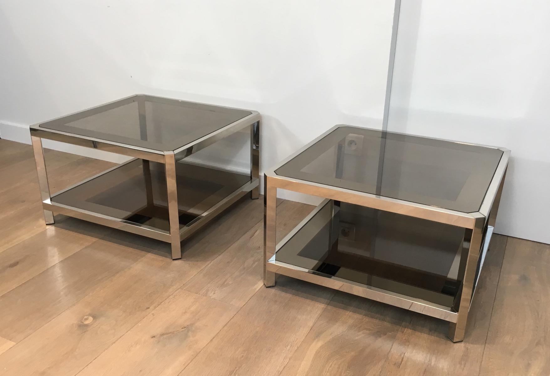French Pair of Large Octogonal Chromed Side Tables with Bronze Glass Tops, circa 1970