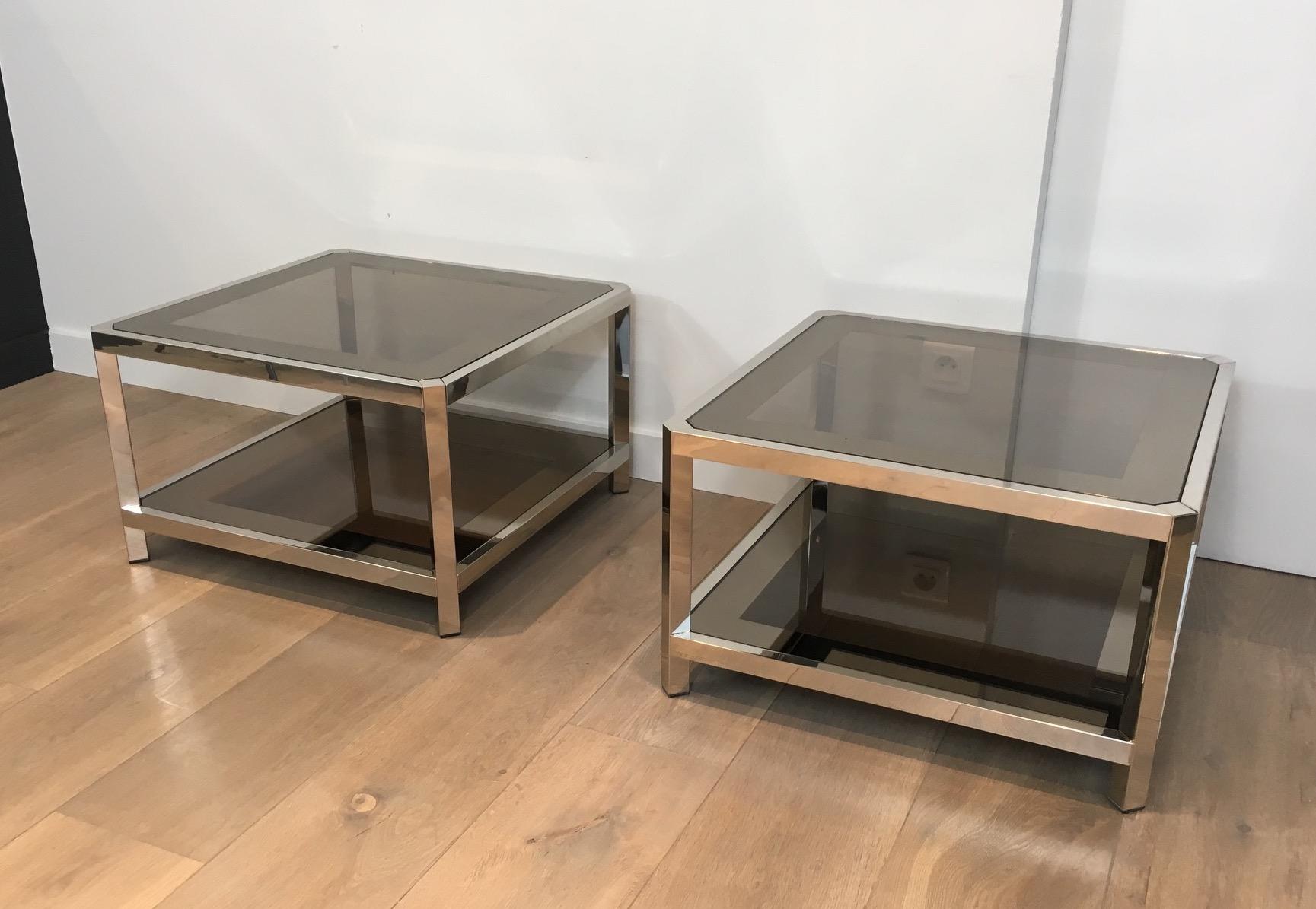 Pair of Large Octogonal Chromed Side Tables with Bronze Glass Tops, French For Sale 6