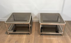 Pair of Large Octogonal Chromed Side Tables with Bronze Glass Tops, French