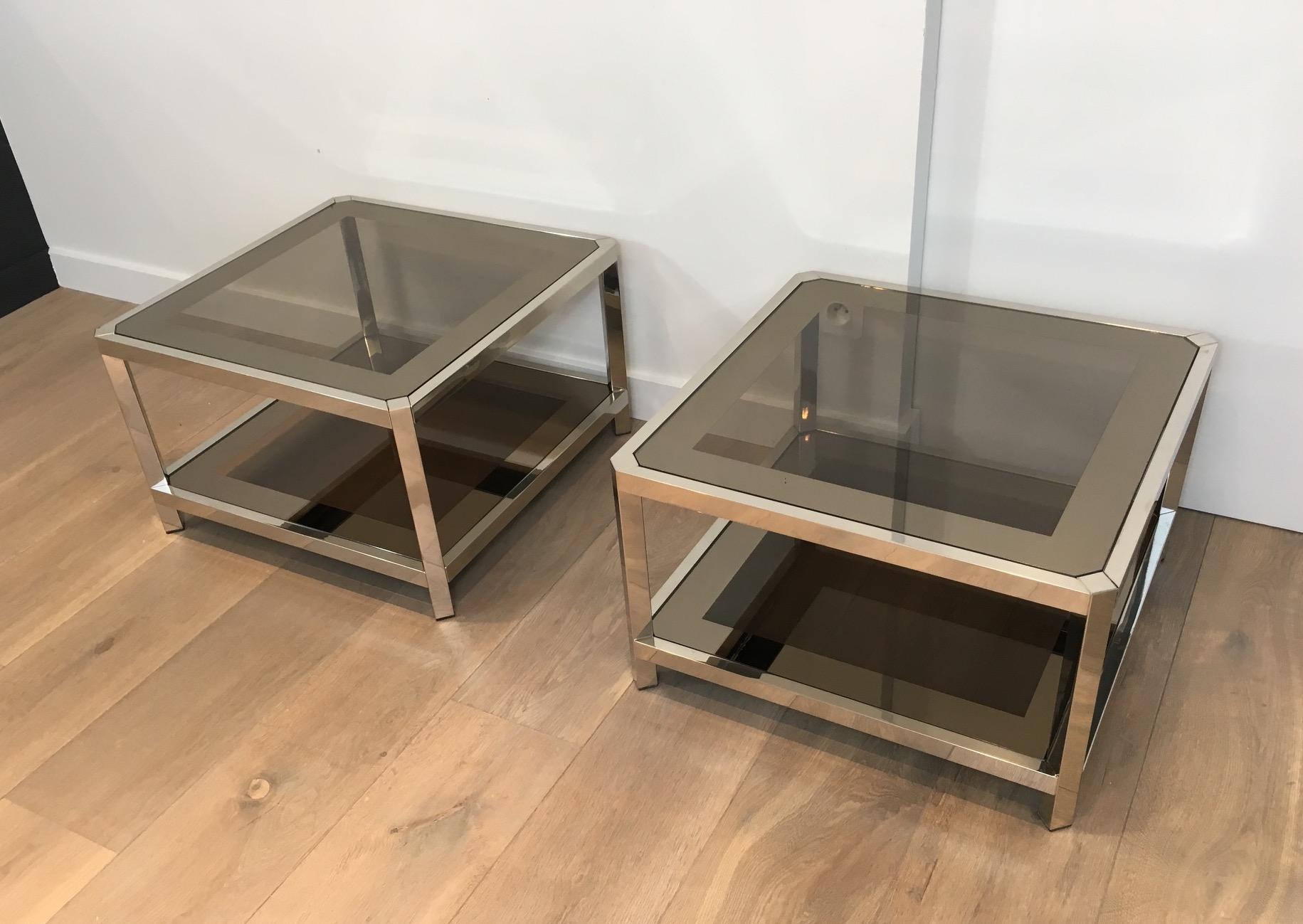 Mid-Century Modern Pair of Large Octogonal Chromed Side Tables with Bronze Glass Tops, French For Sale