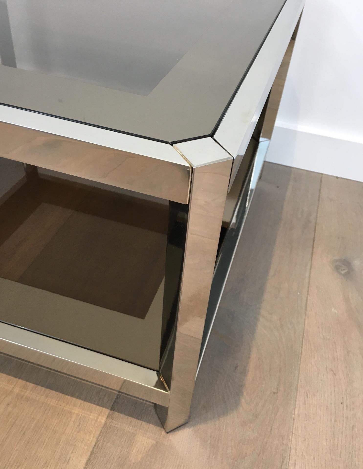 Pair of Large Octogonal Chromed Side Tables with Bronze Glass Tops, French For Sale 2