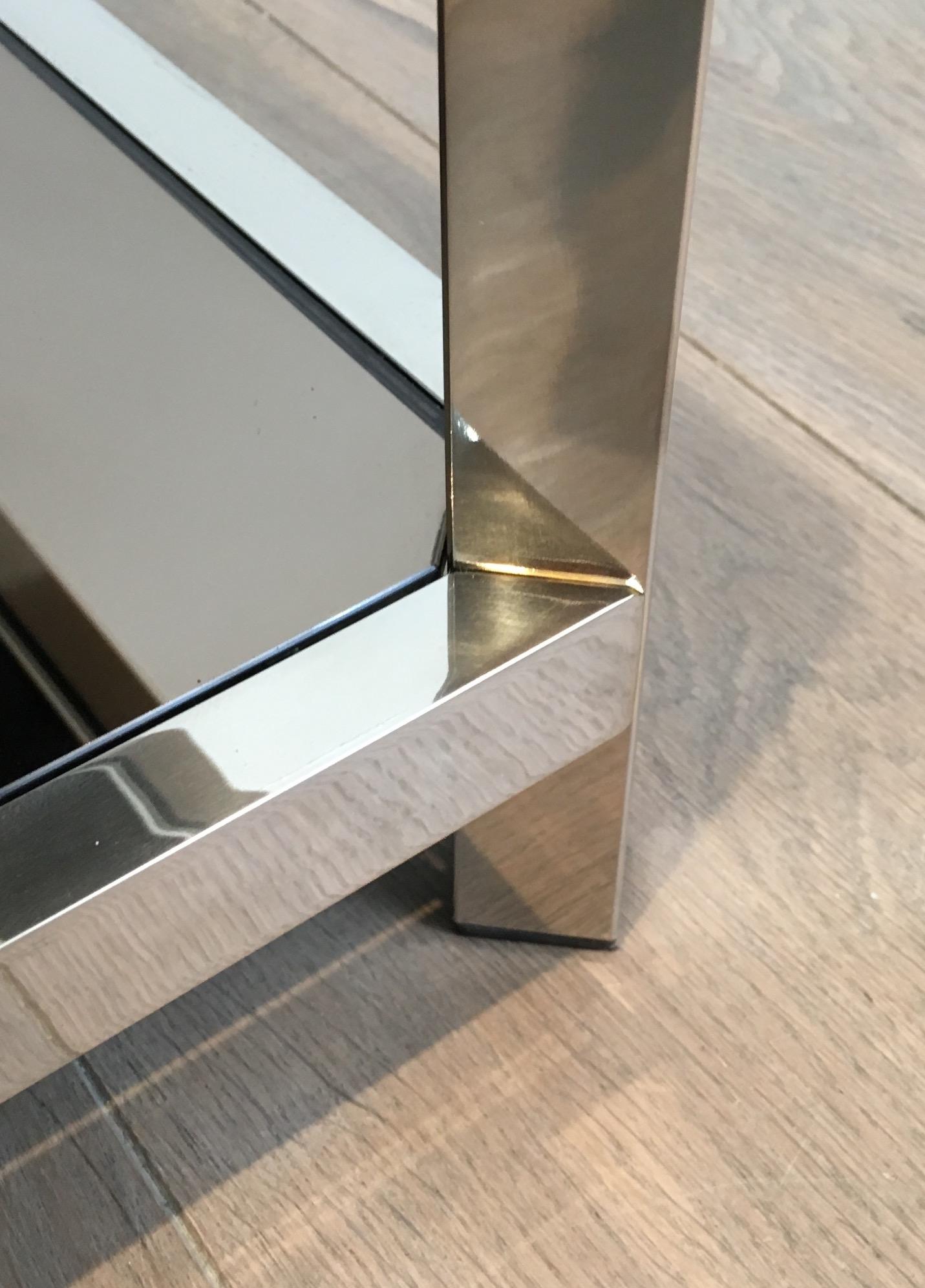 Paire de grandes tables d'appoint octogonales chromées avec plateau en verre bronze, France en vente 1