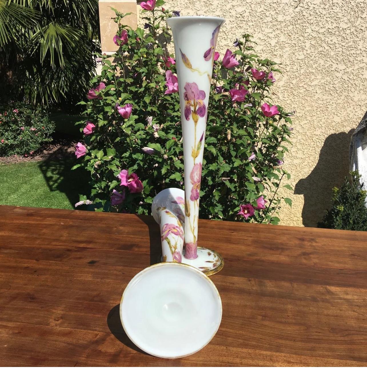 Paire de grands vases en opaline décorés d'iris, 20ème siècle en vente 7