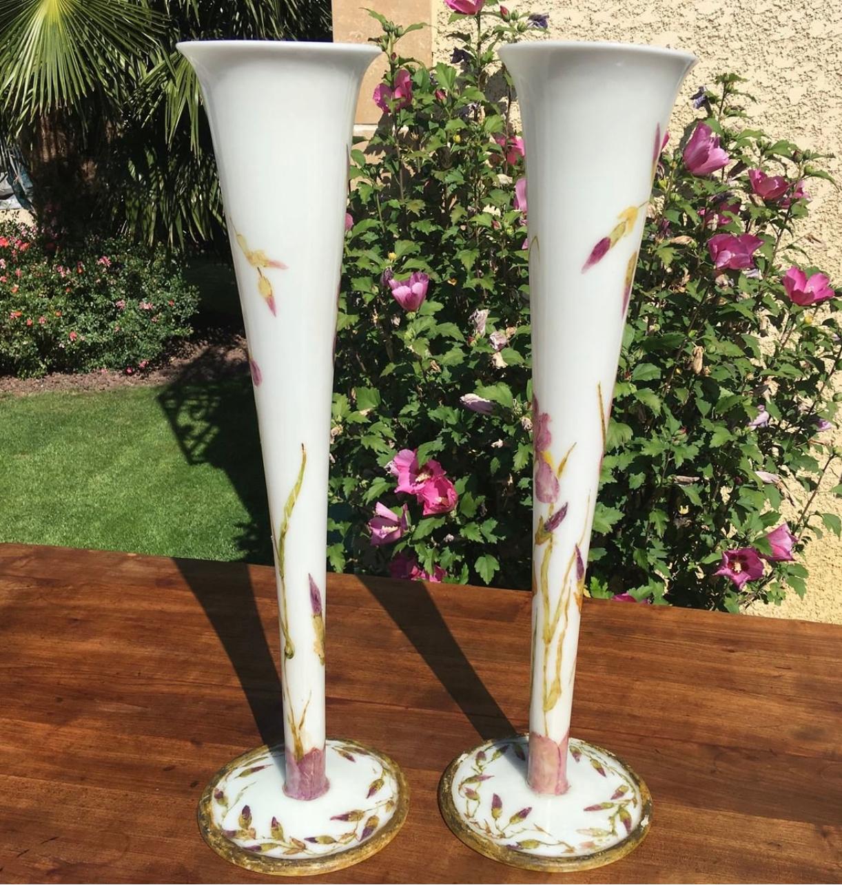 Paire de grands vases en opaline décorés d'iris, 20ème siècle en vente 1