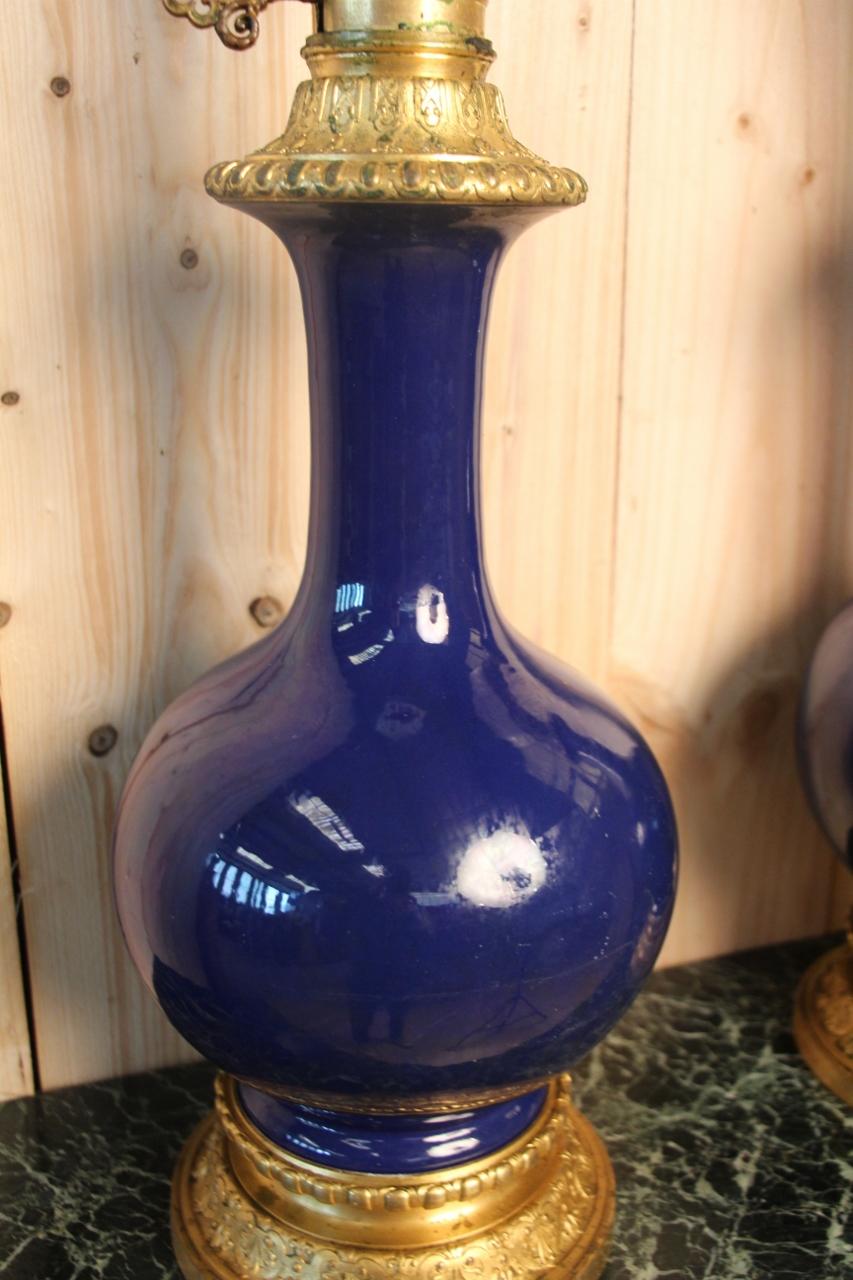 French Pair of Large Oil Lamps Blue Faience, 19th Century