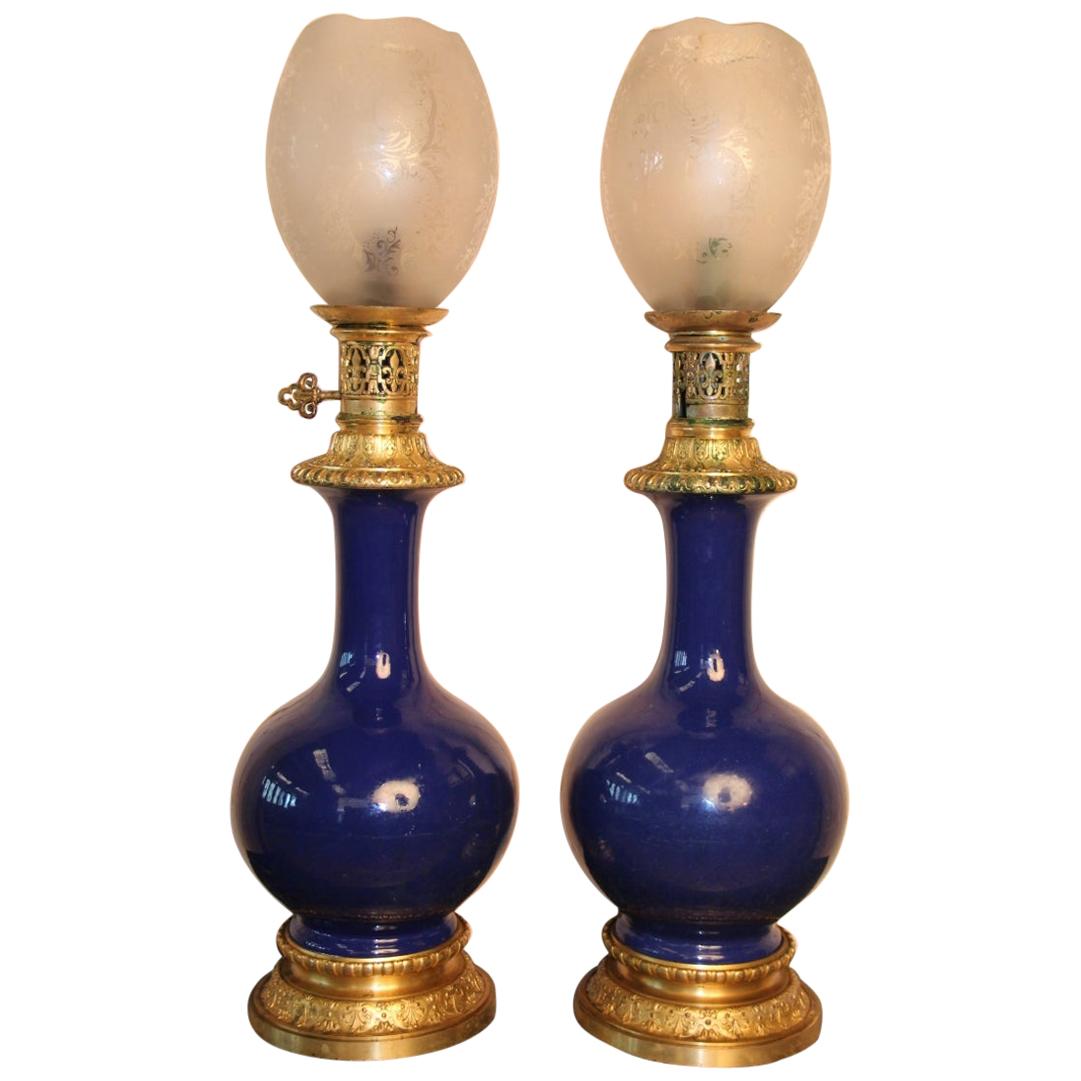 Pair of Large Oil Lamps Blue Faience, 19th Century