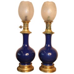 Pair of Large Oil Lamps Blue Faience, 19th Century